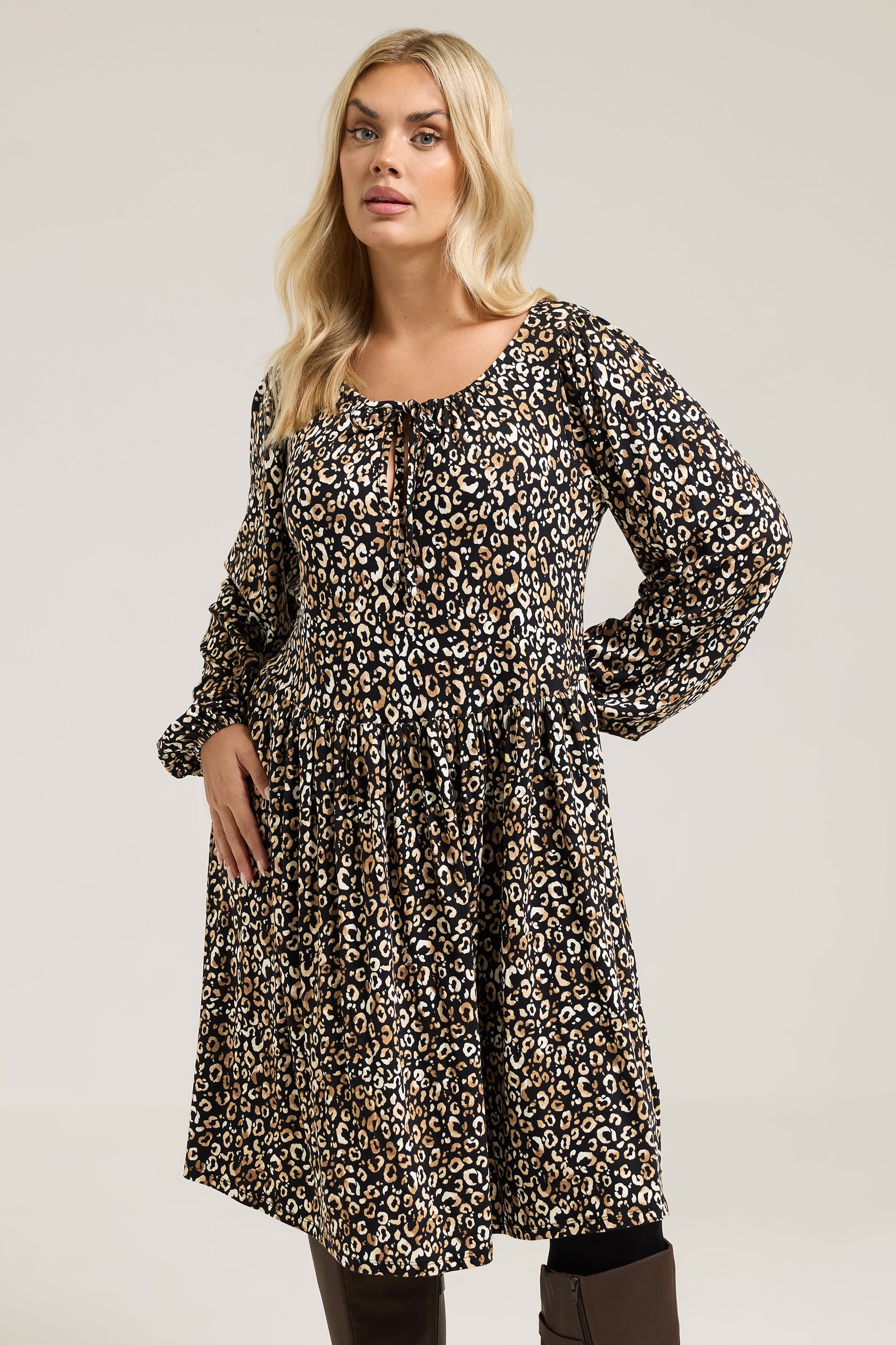 YOURS Plus Size Black Leopard Print Tie Neck Dress | Yours Clothing 3