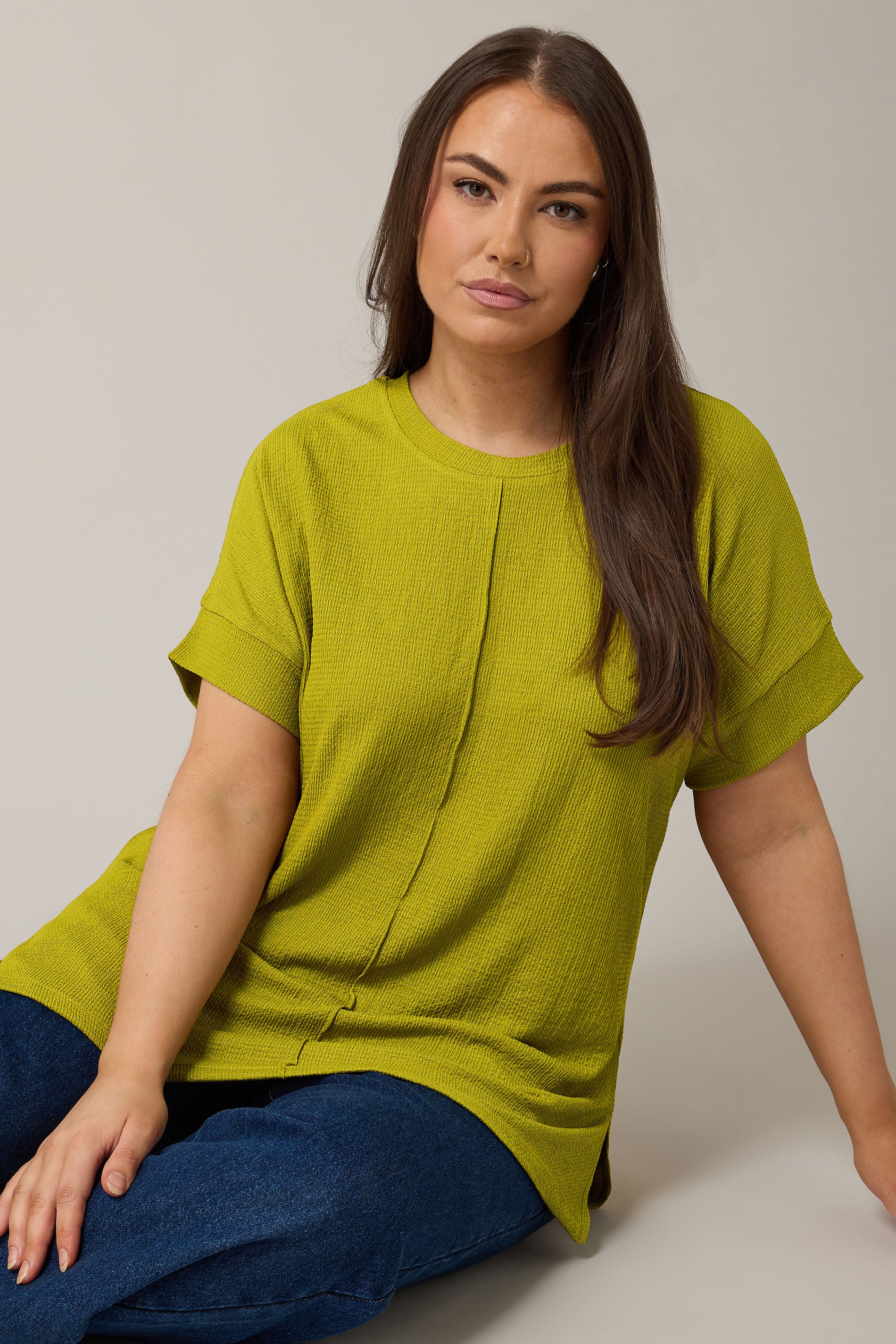 EVANS Plus Size Chartreuse Green Seam Front Jersey Crepe Top | Evans 3