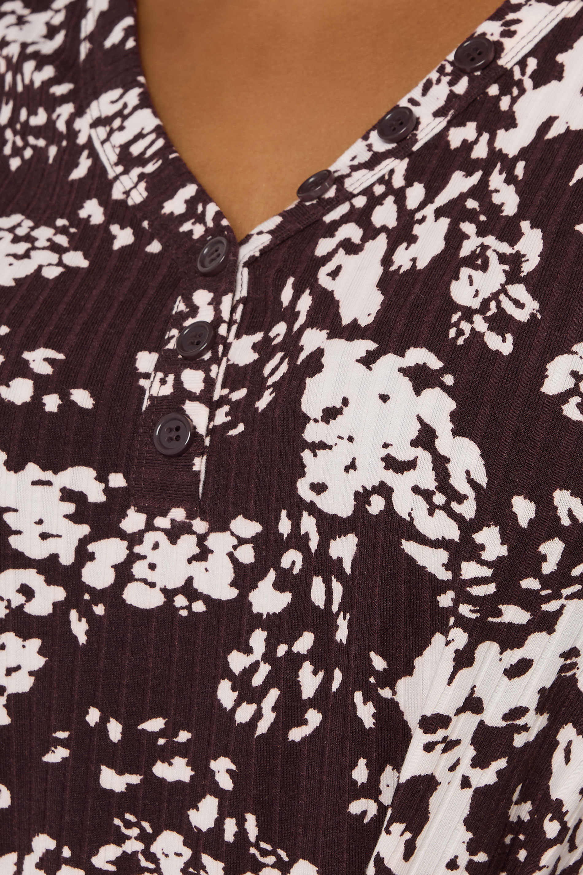 YOURS Plus Size Chocolate Brown Abstract Print Ribbed Henley Top | Yours Clothing 4