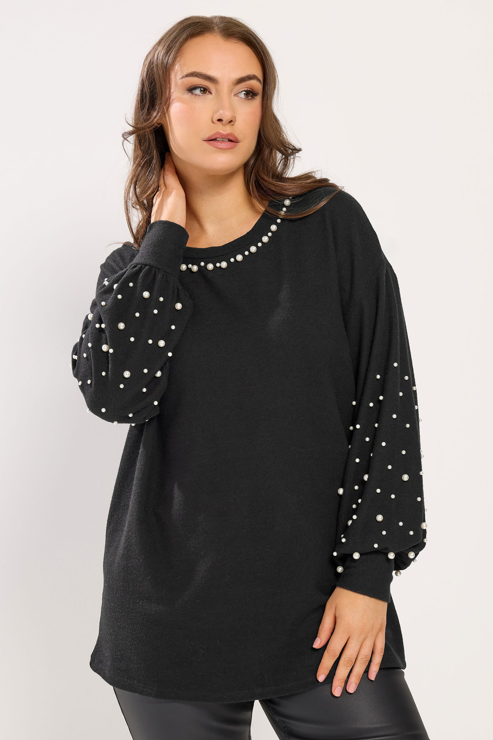 YOURS Plus Size Black Pearl Embellished Jumper | Yours Clothing 3