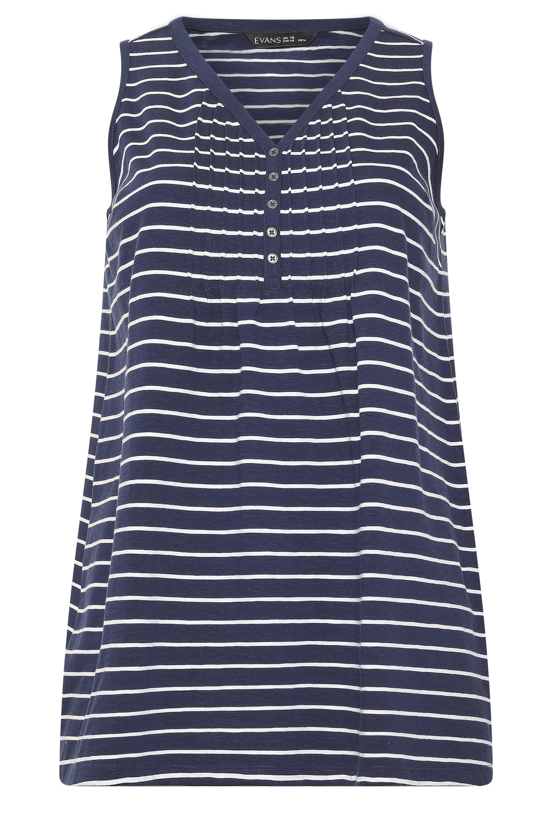 EVANS Plus Size Navy Blue Stripe Cotton Henley Vest Top | Evans 5