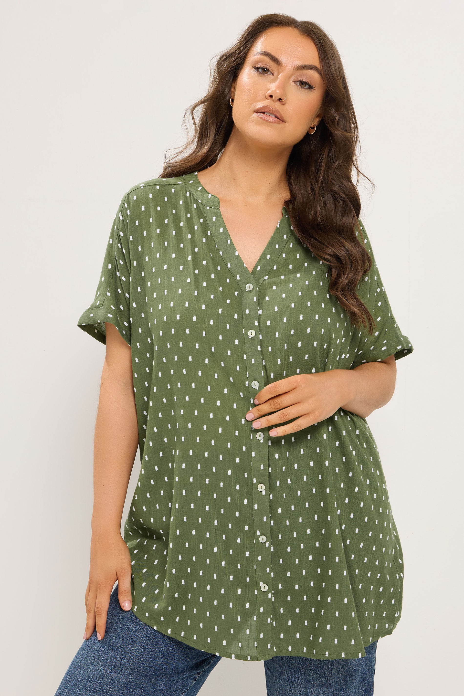YOURS Curve Green Notch Neck Dobby Blouse | Yours Clothing 3