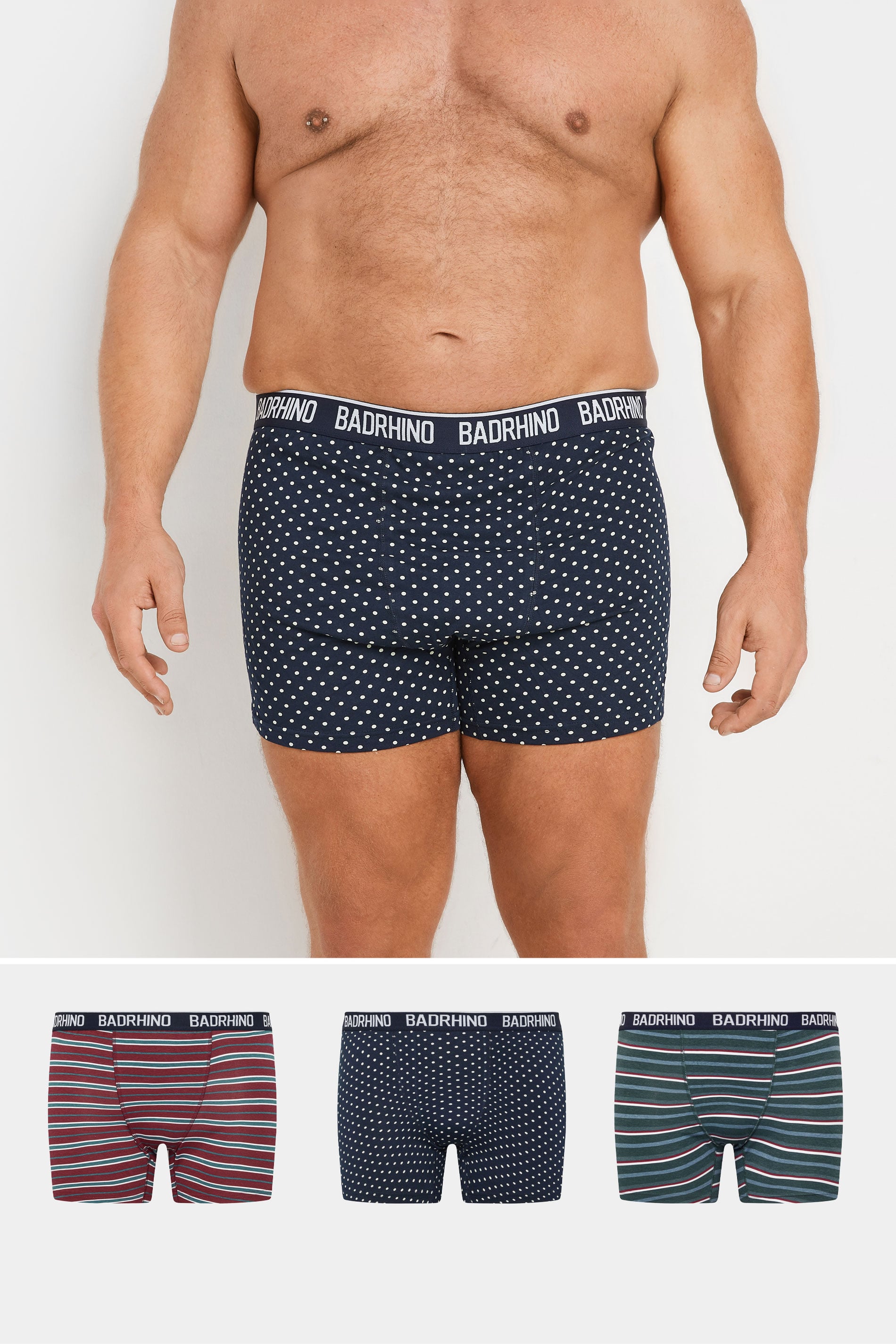 BadRhino Big & Tall 3 PACK Navy Blue Stripe & Spot Boxers | BadRhino 3