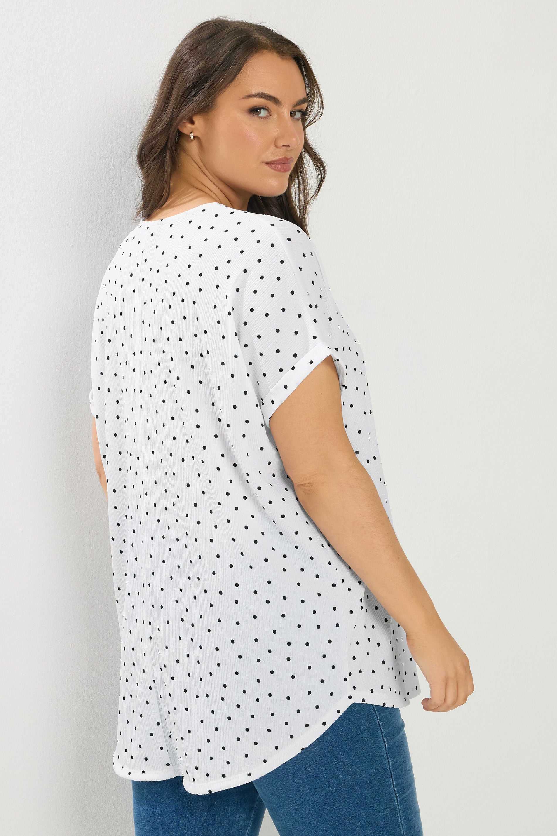 YOURS Plus Size White Textured Polka Dot Notch Neck Top | Yours Clothing 2