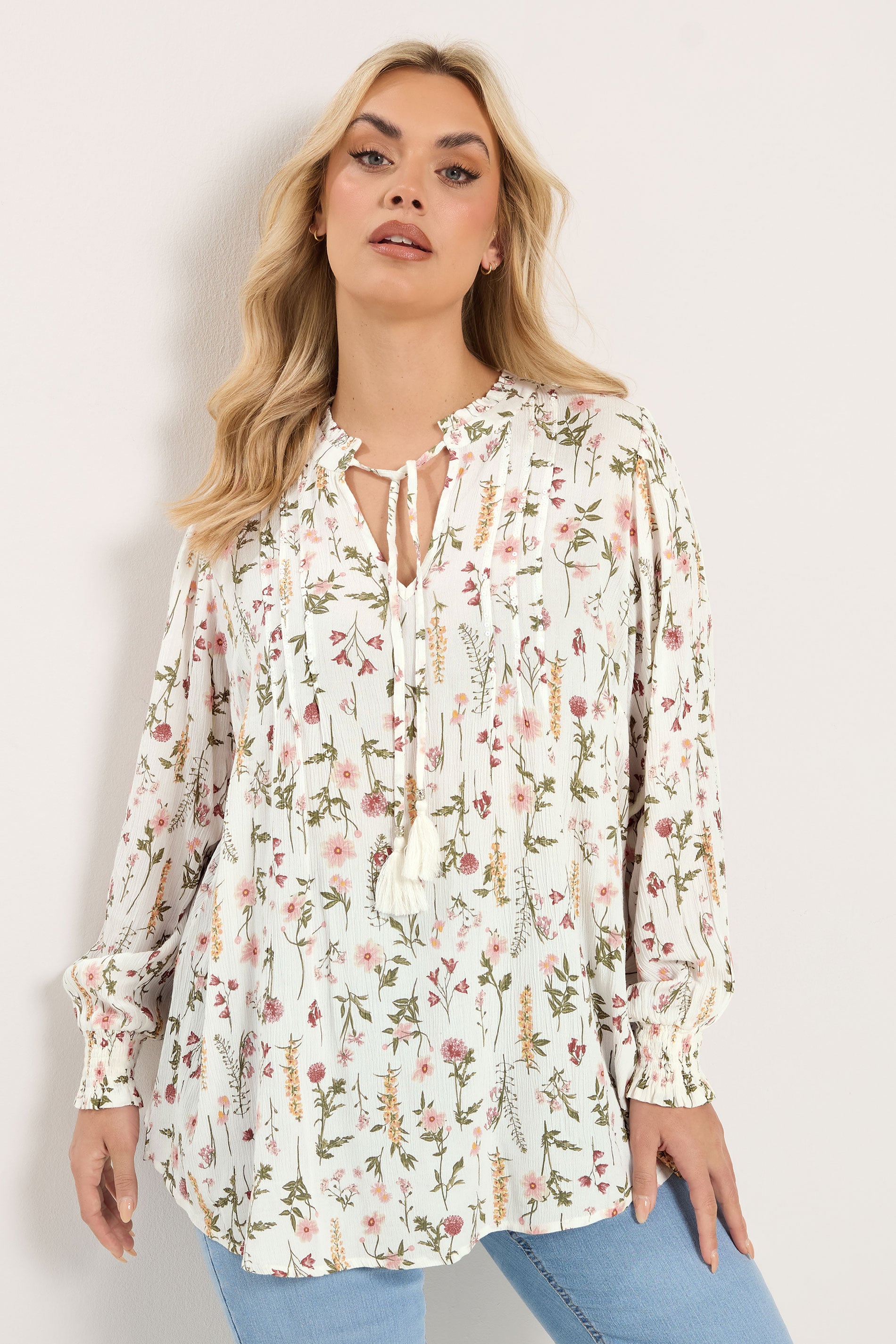 YOURS Plus Size Ivory White Floral Sequin Embellished Tie Neck Blouse 3