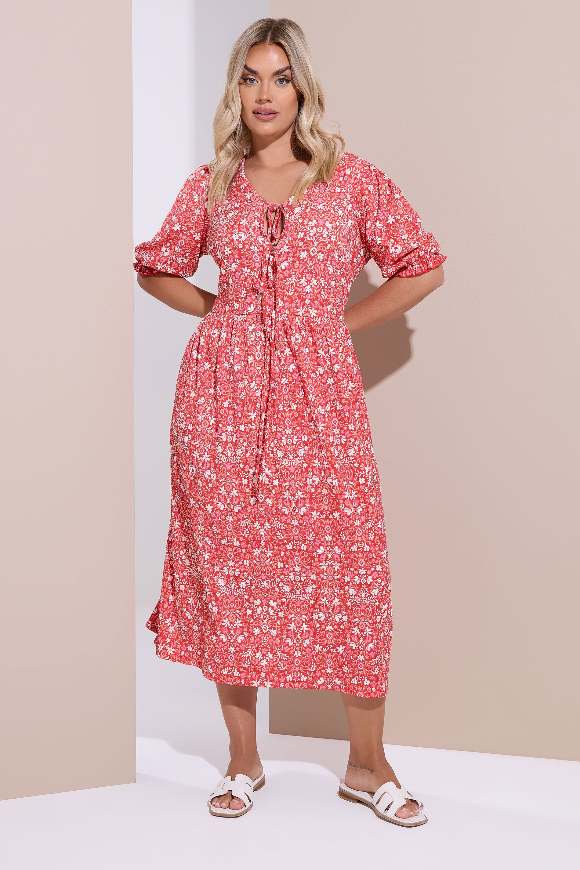 YOURS Plus Size Red Floral Paisley Bow Tie Front Midi Dress | Yours Clothing 1
