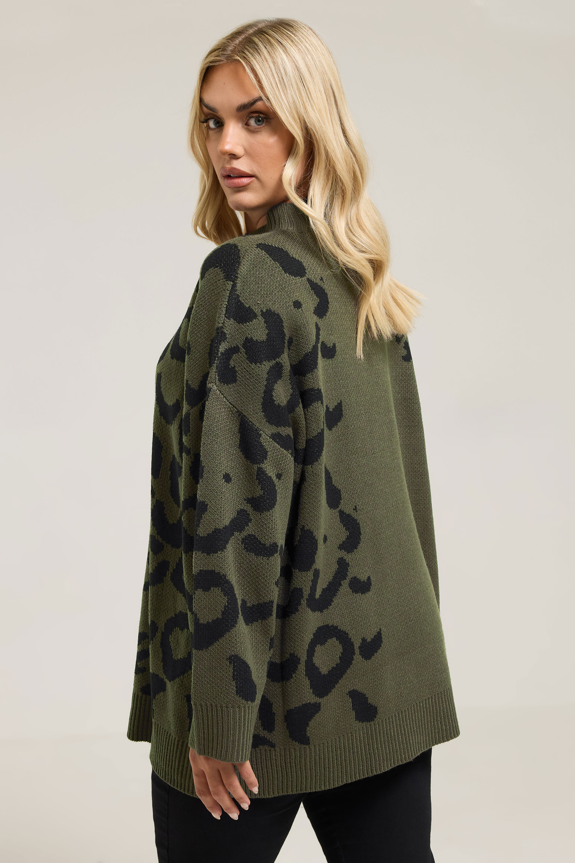 YOURS Plus Size Khaki Green Leopard High Neck Jumper | Yours Clothing 2