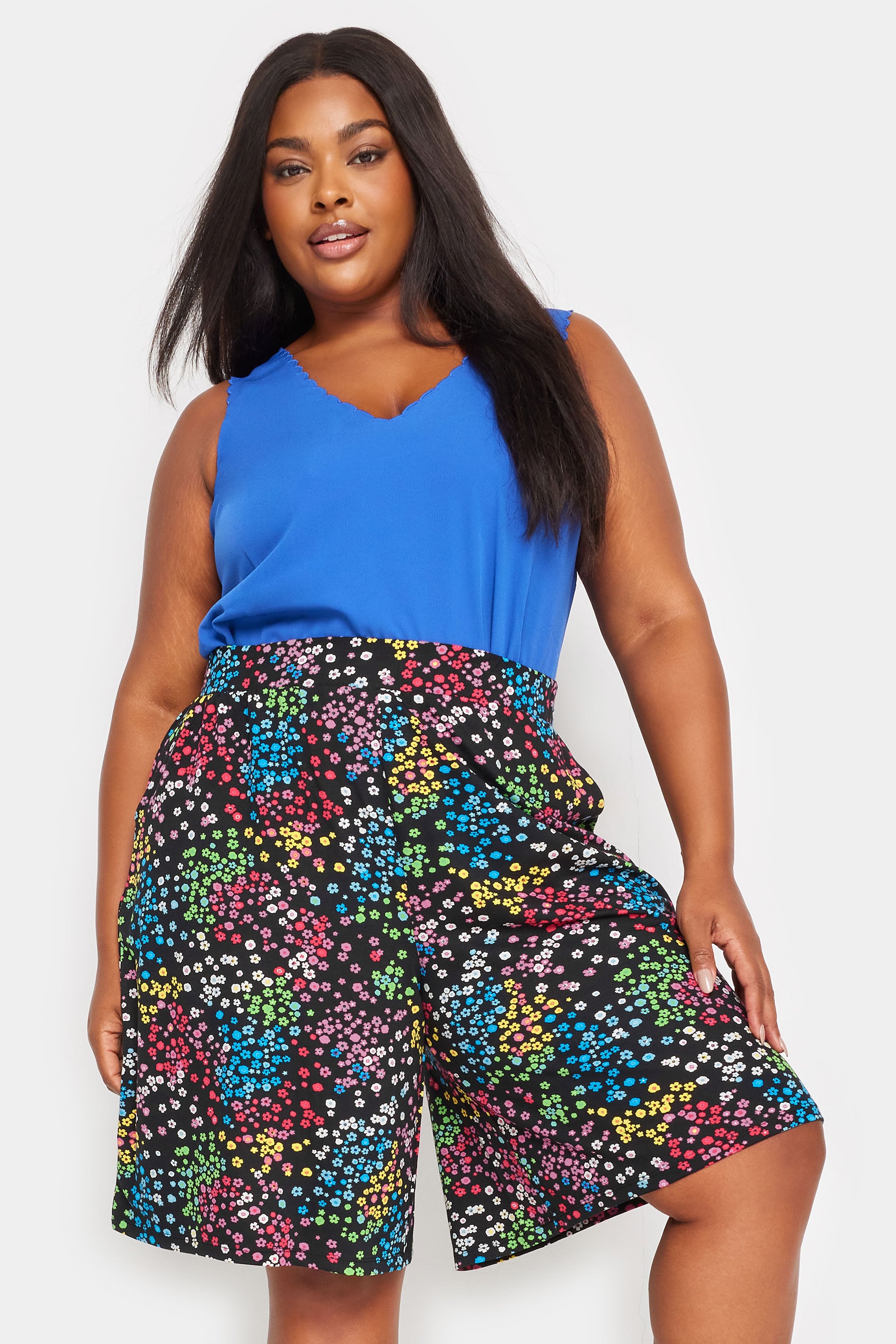 YOURS Plus Size Black Rainbow Ditsy Floral Print Jersey Shorts | Yours Clothing 3