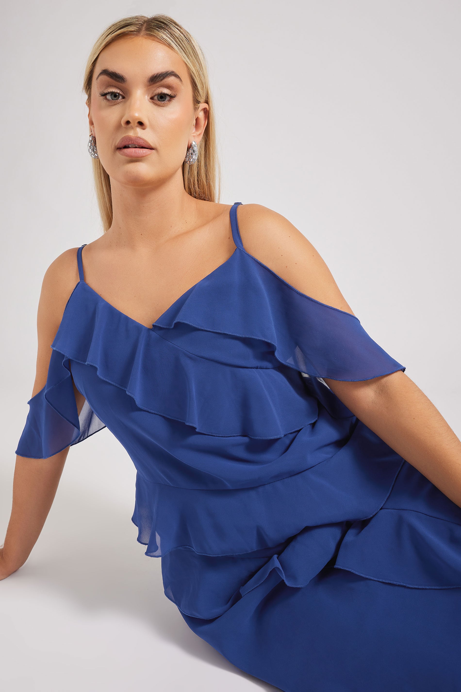 YOURS LONDON Plus Size Navy Blue Ruffle Cold Shoulder Dress | Yours Clothing 5