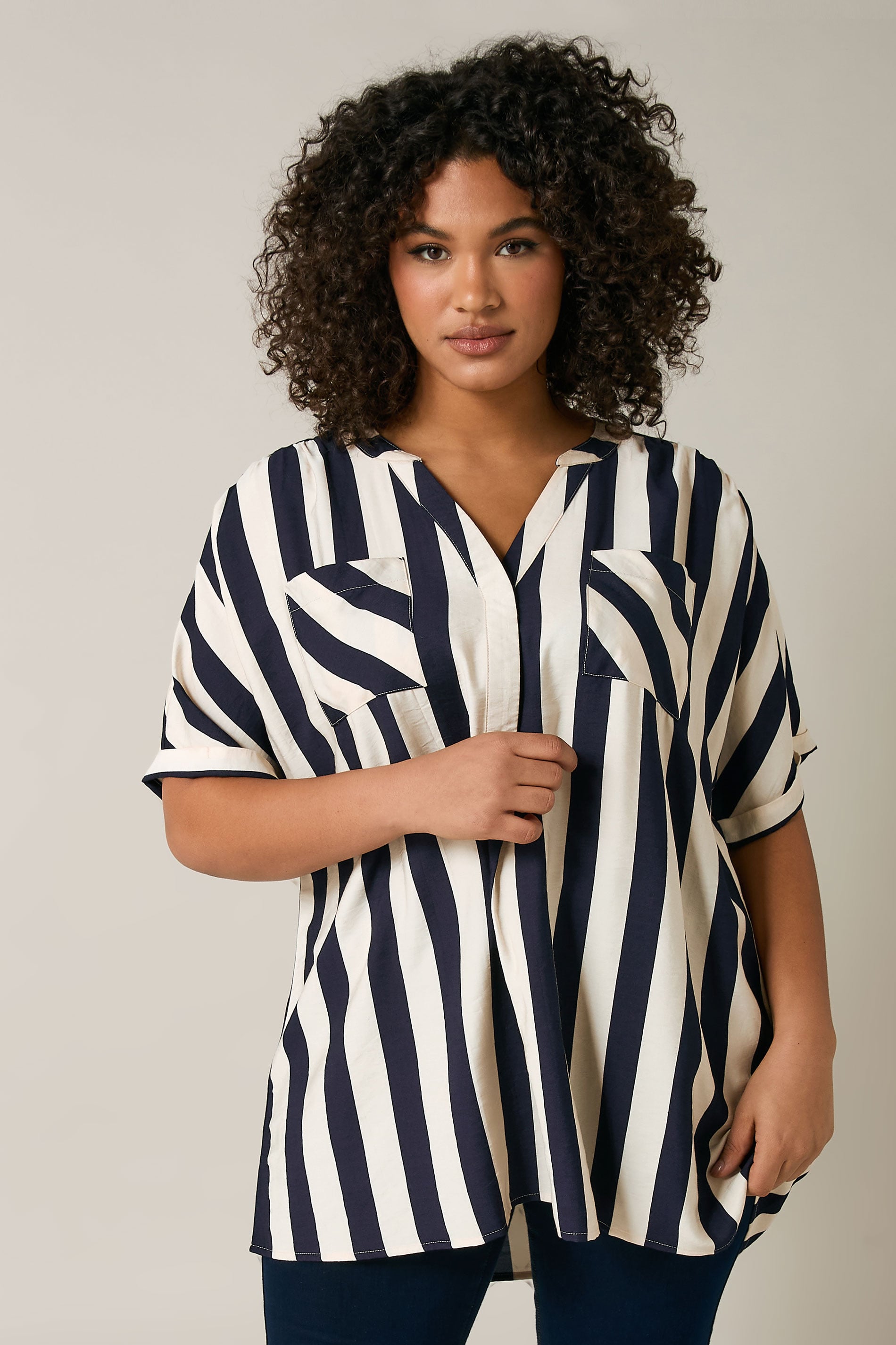 EVANS Plus Size Navy Blue Stripe Overhead Utility Shirt | Evans 1
