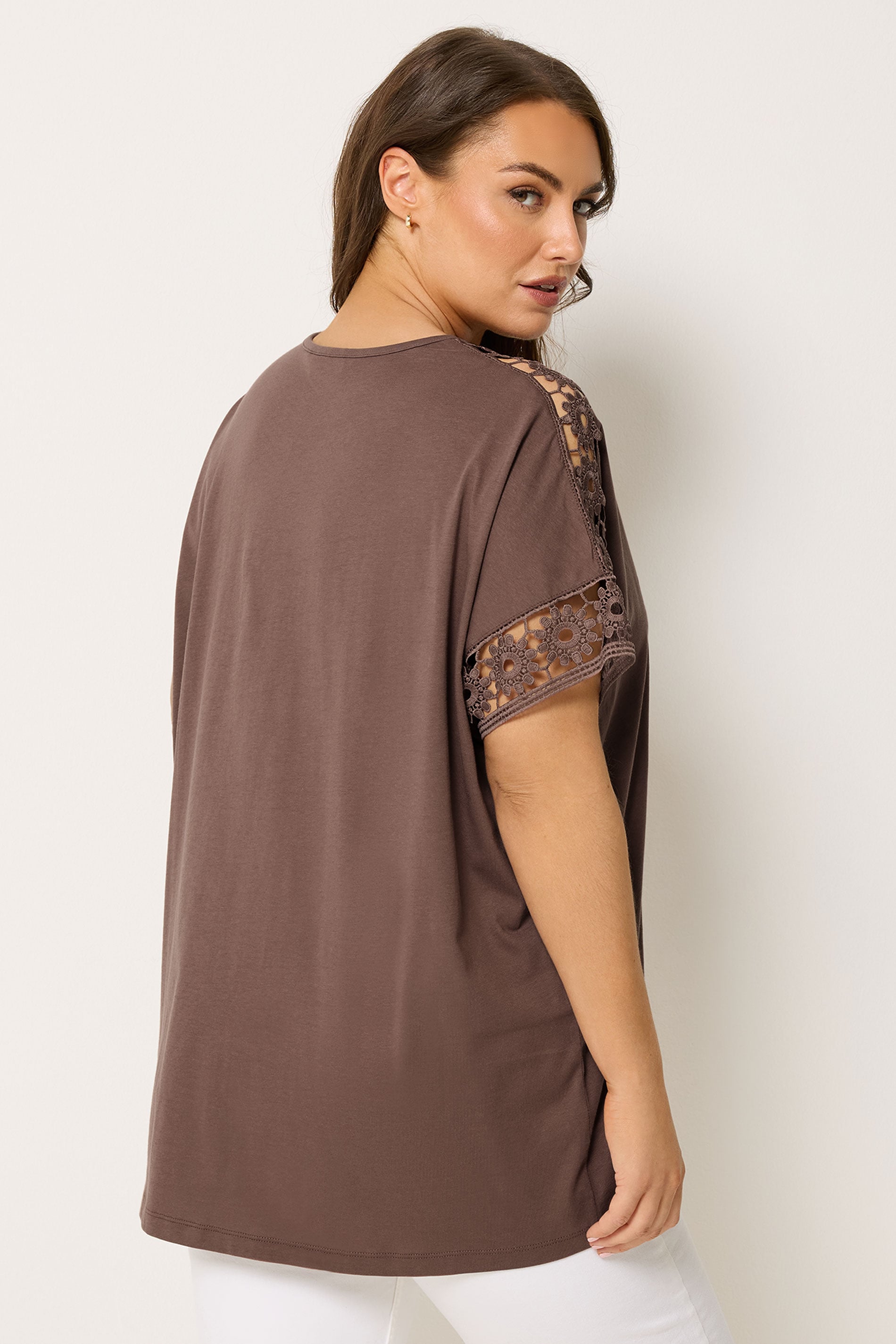 YOURS Plus Size Brown Crochet T-Shirt | Yours Clothing 2