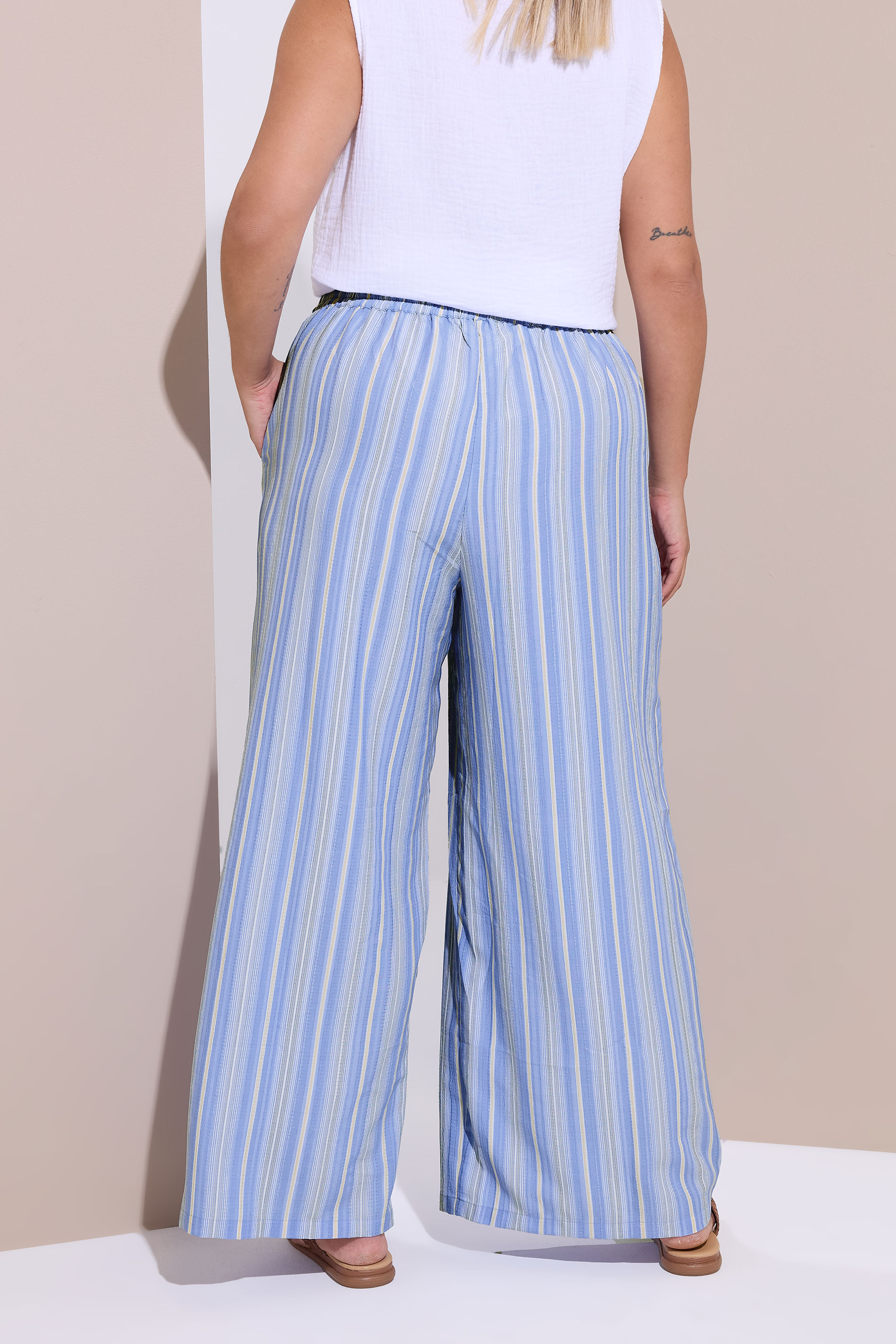 YOURS Plus Size Blue Textured Stripe Wide Leg Trousers | Yours Clothing 2