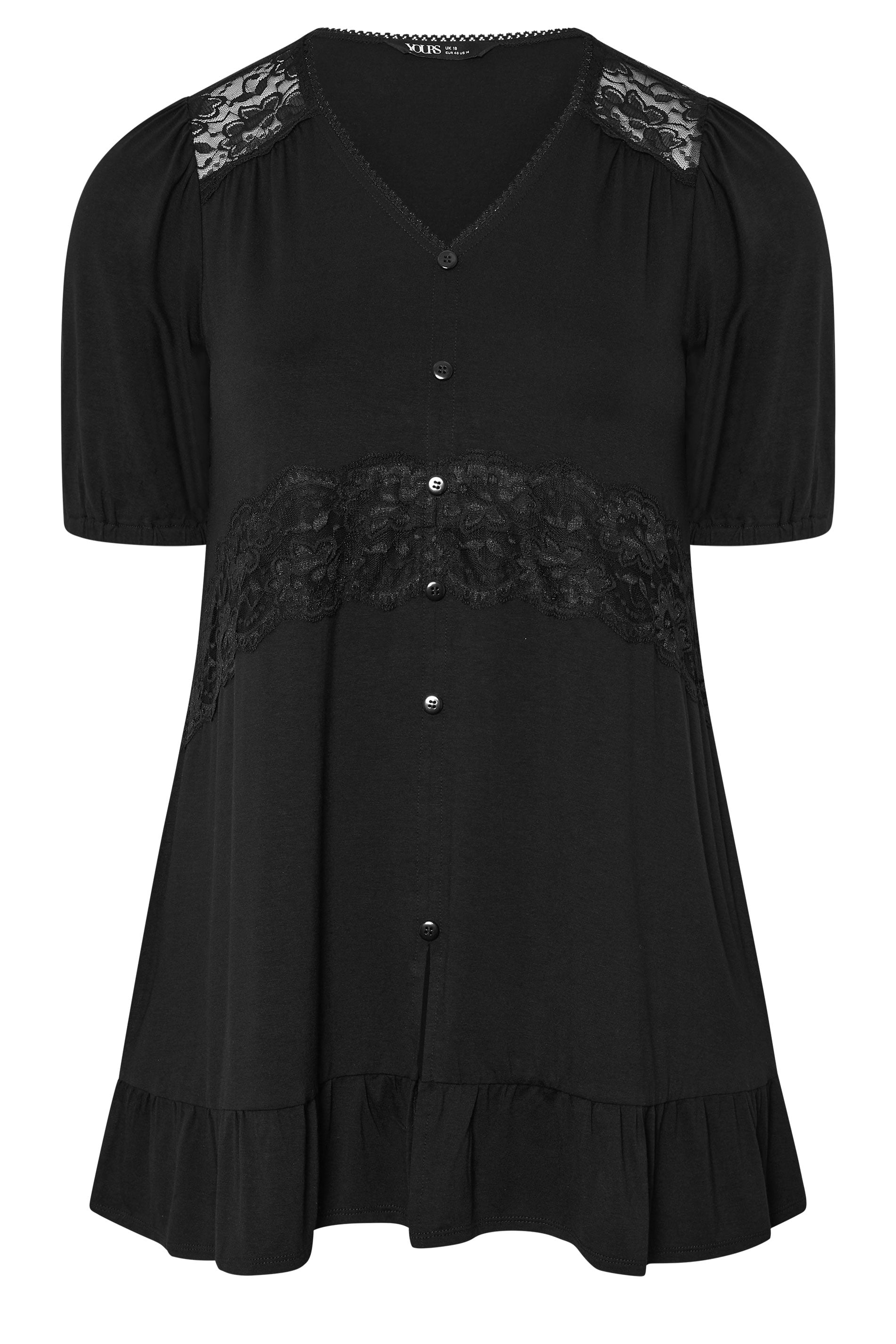 YOURS Plus Size Black Jersey Lace Frill Smock Top | Yours Clothing 5