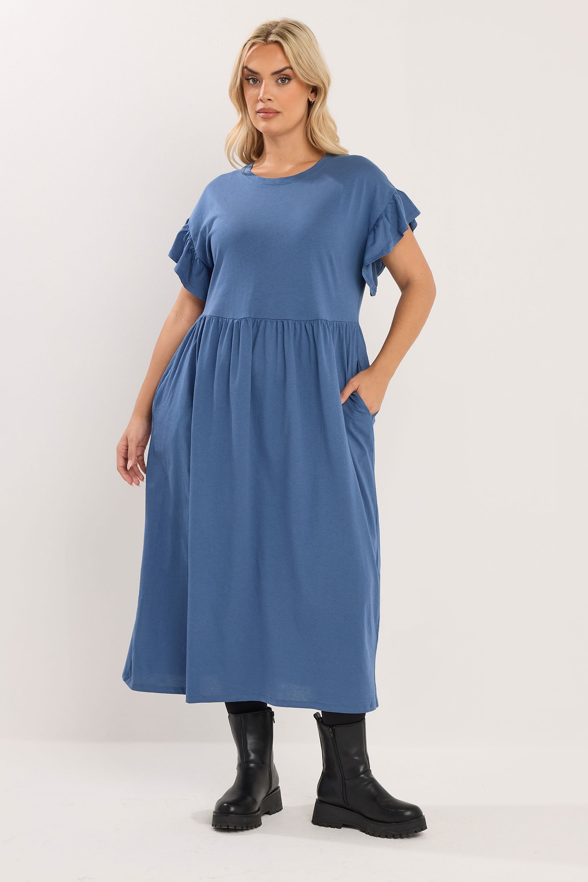 YOURS Plus Size Blue Frill Sleeve Cotton Maxi Dress | Yours Clothing 3