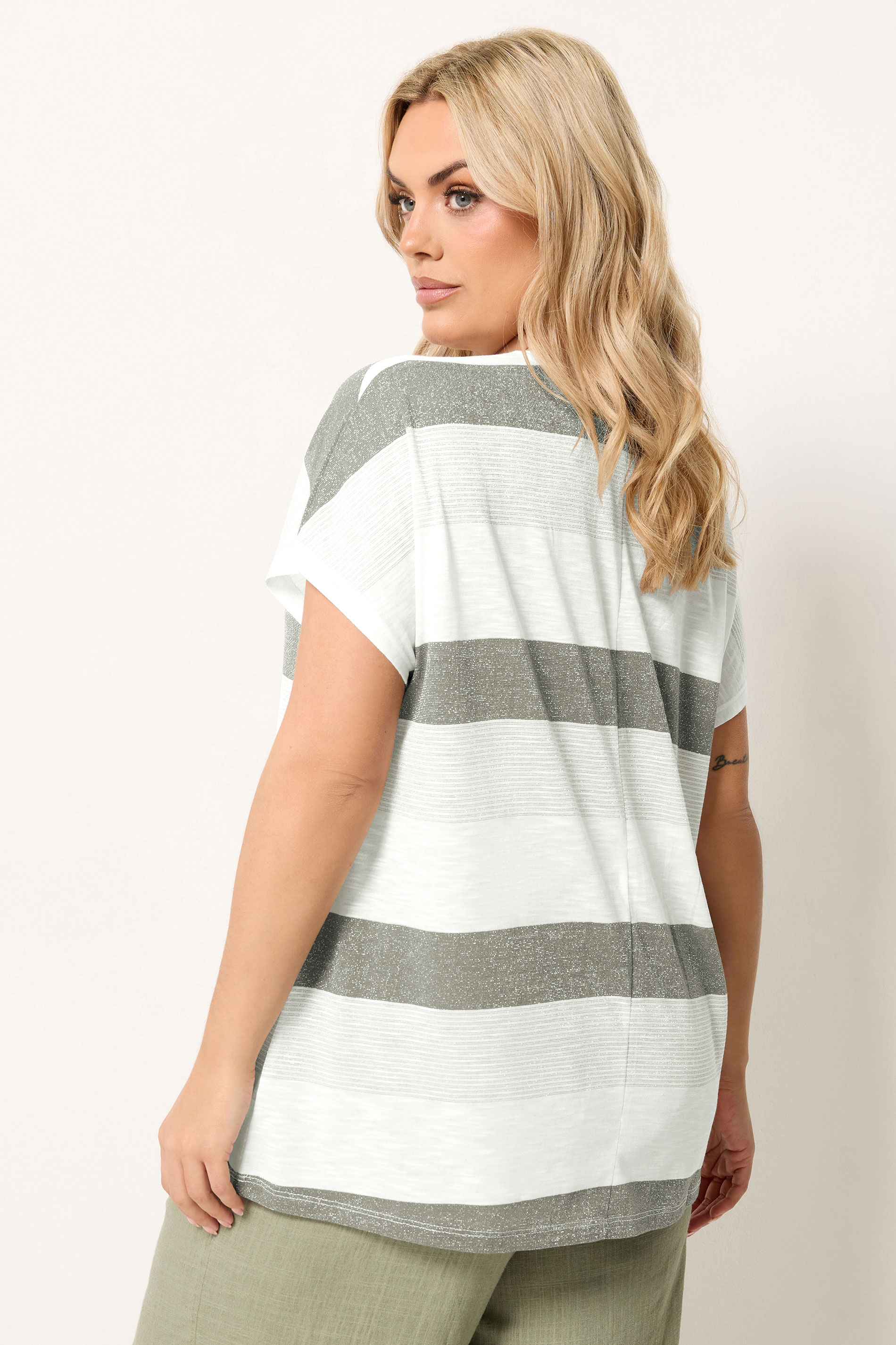 YOURS Plus Size Grey Shimmer Stripe Top | Yours Clothing 2
