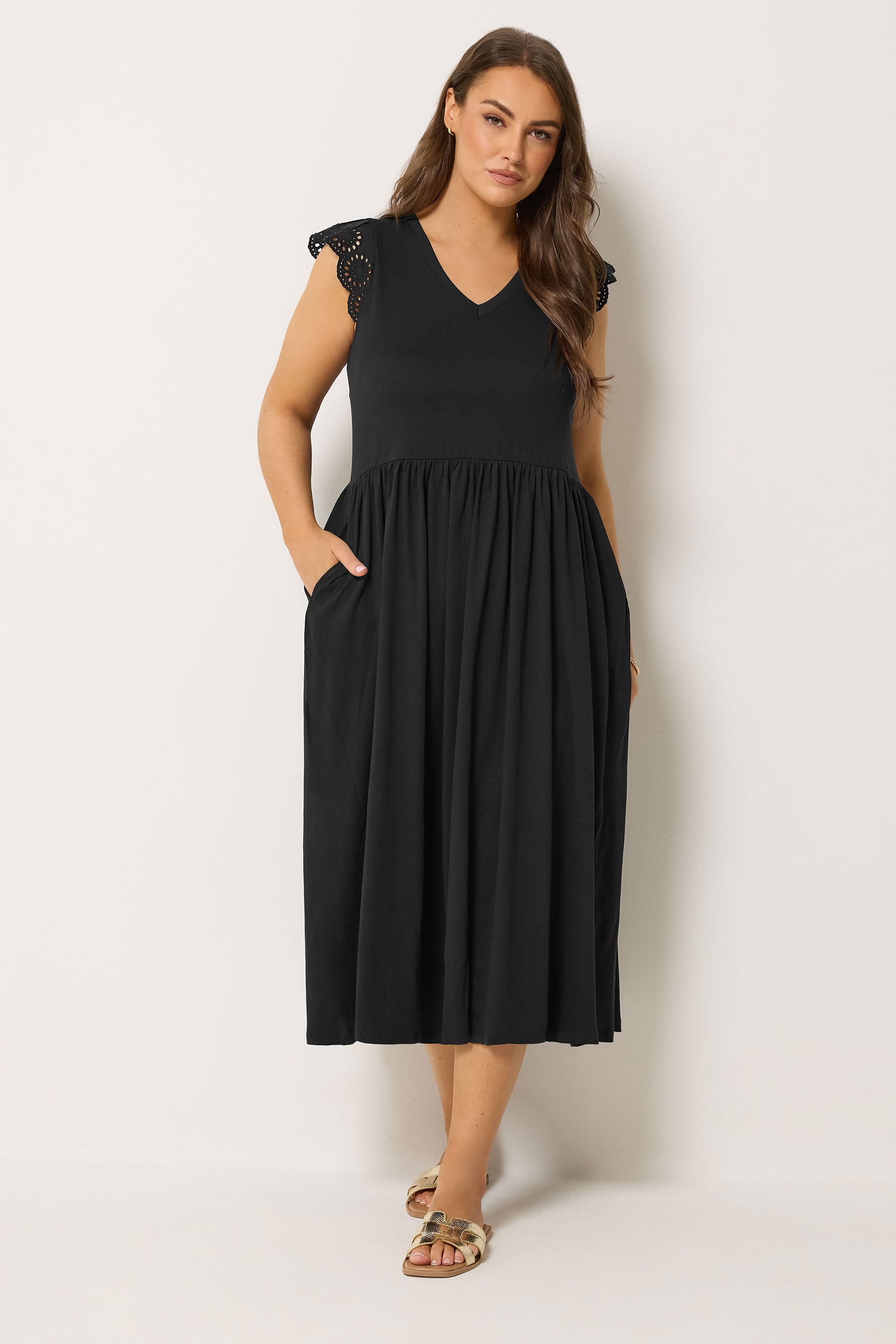 YOURS Plus Size Black Broderie Sleeve Maxi Dress | Yours Clothing 3