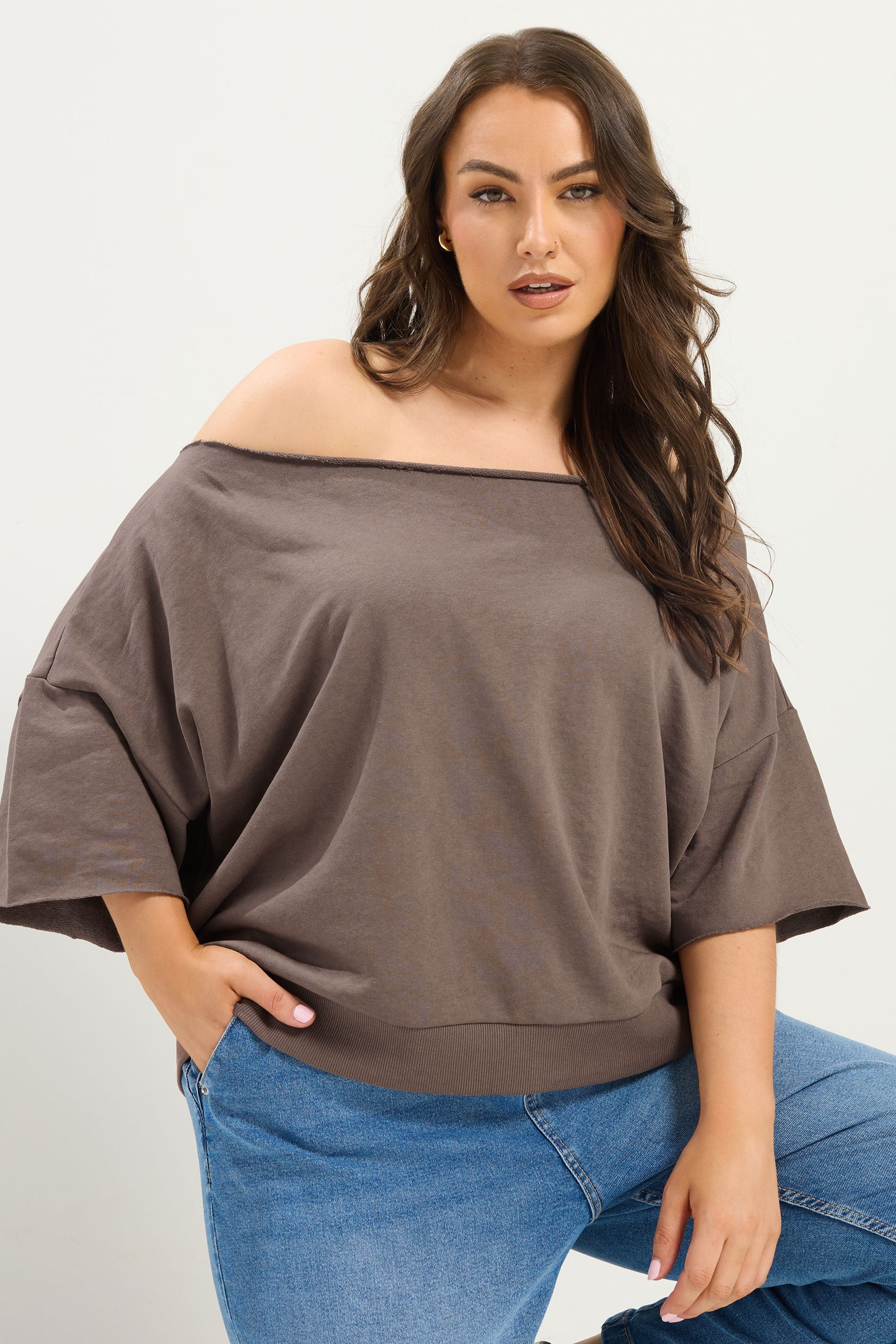 YOURS Plus Size Brown Off Shoulder Sweatshirt | Yours Clothing 3