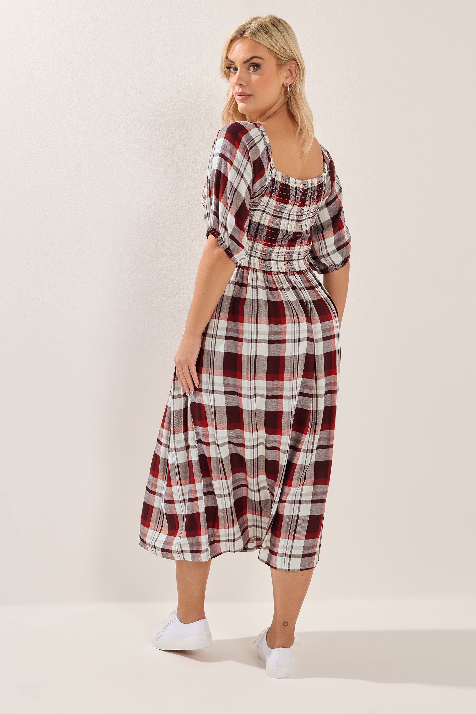 YOURS Plus Size Red Check Shirred Maxi Dress | Yours Clothing 2