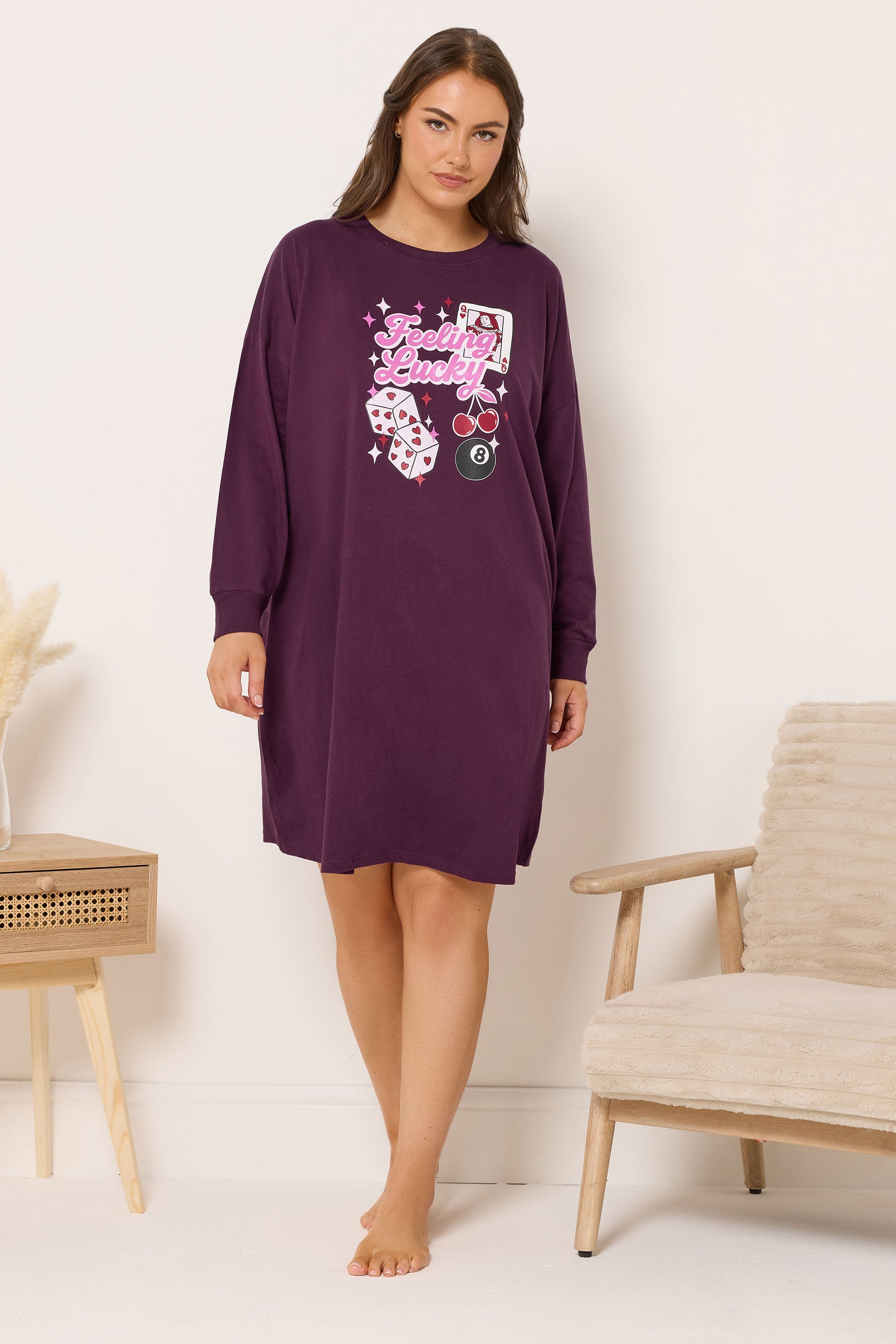 YOURS Plus Size Burgundy Red 'Feeling lucky' Long Sleeve Nightdress | Yours Clothing 1