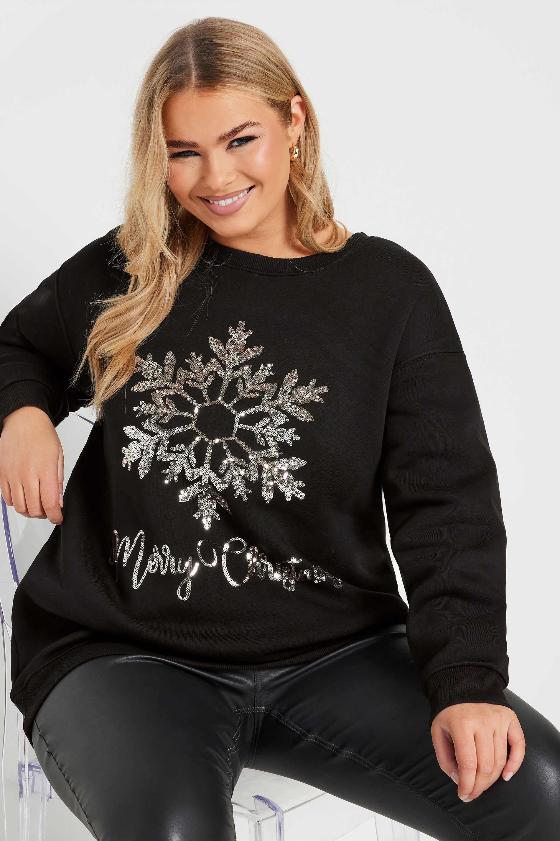 YOURS Plus Size Black Sequin Embellished 'Merry Christmas' Sweatshirt | Yours Clothing 4