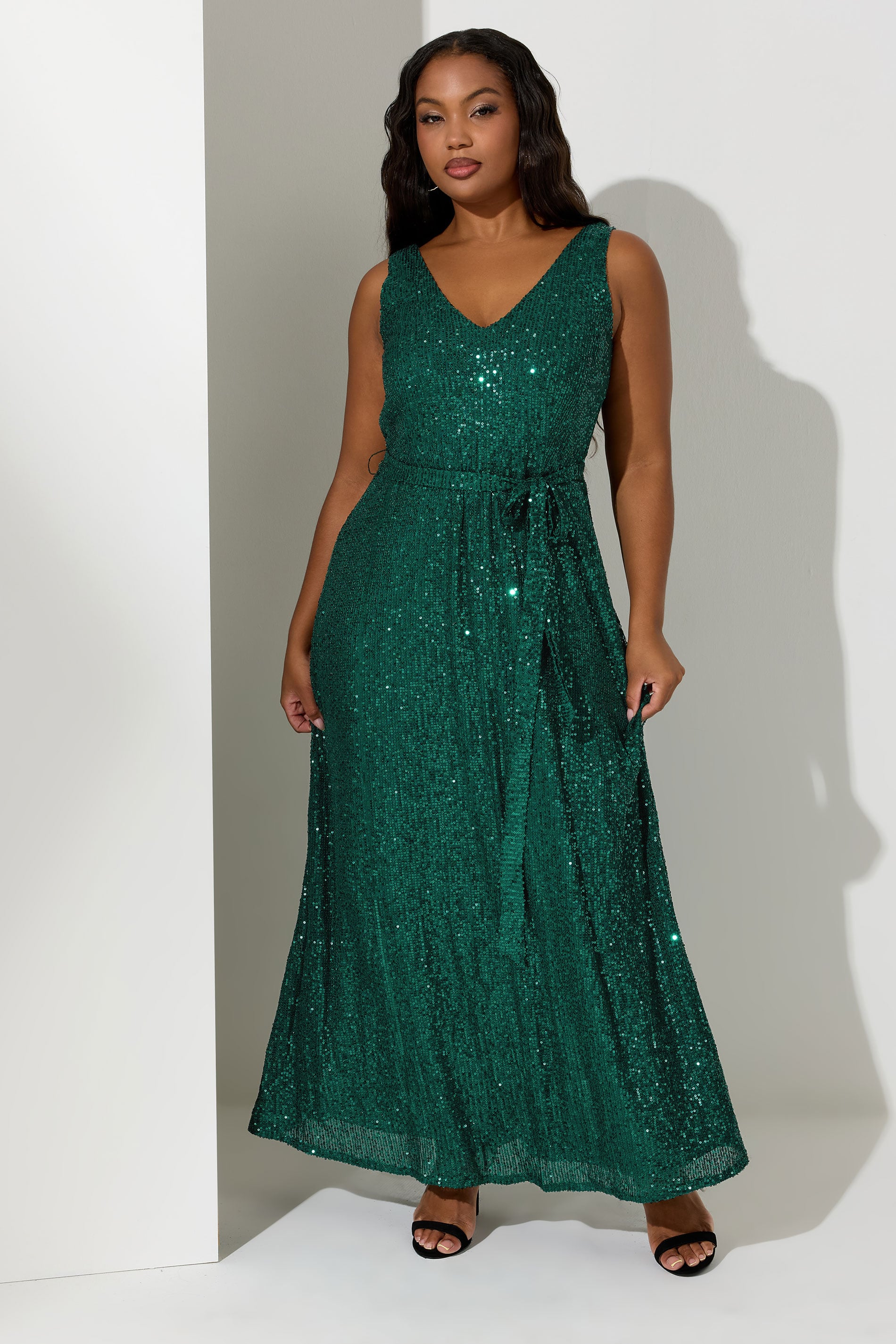 YOURS LONDON Plus Size Green Sequin V-Neck Maxi Dress | Yours Clothing 1
