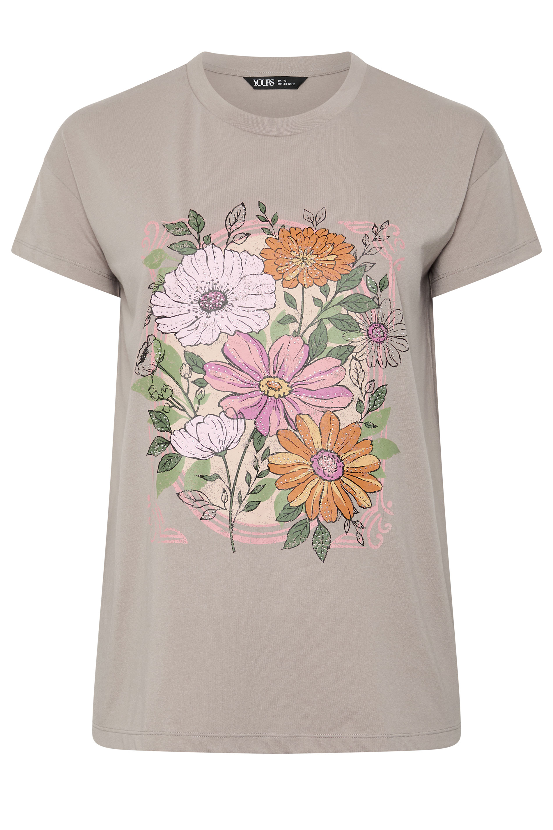 YOURS Plus Size Mocha Brown Floral Stud T-Shirt | Yours Clothing 5