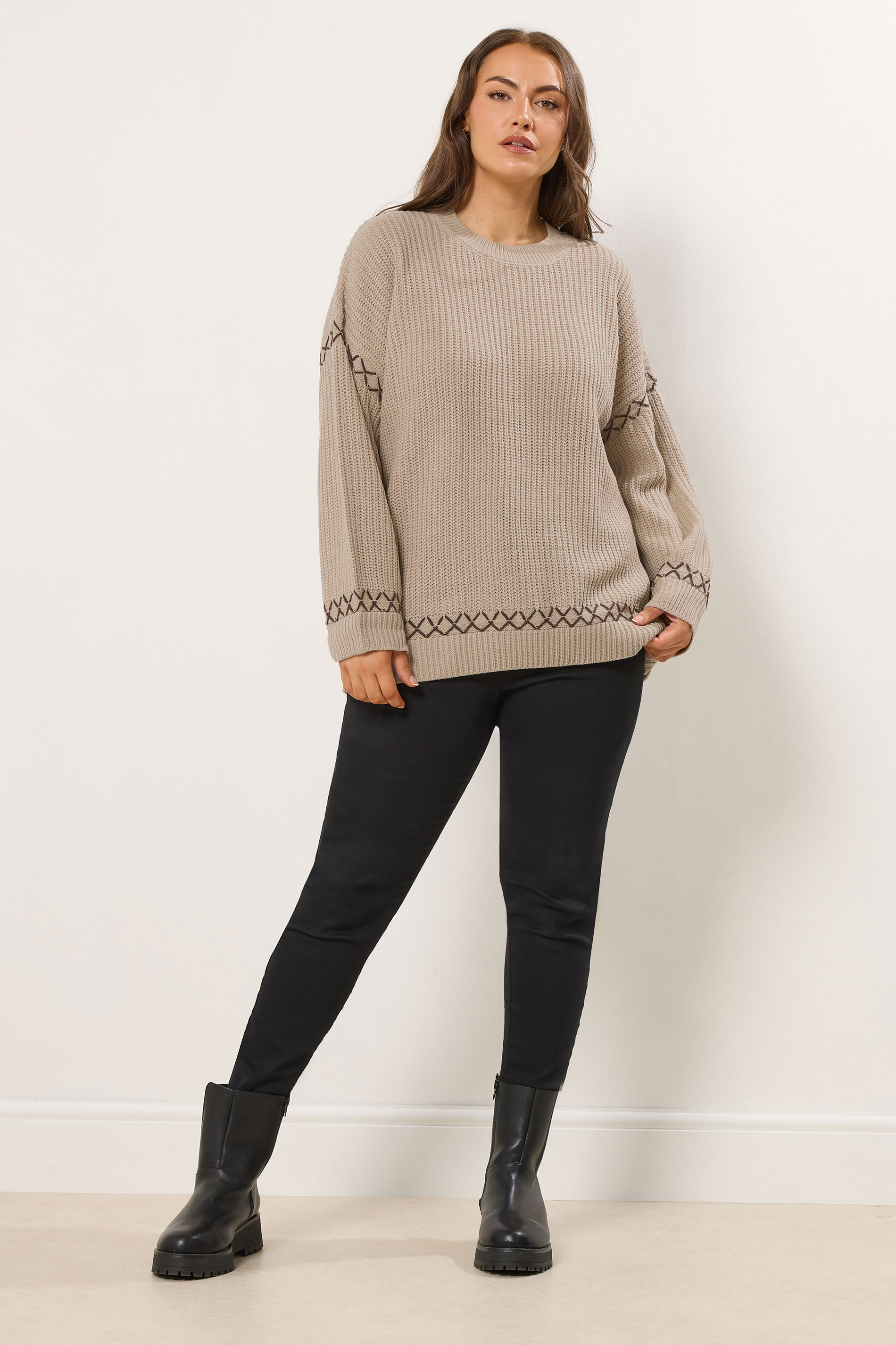 YOURS Plus Size Natural Brown Blanket Stitch Jumper | Yours Clothing 2