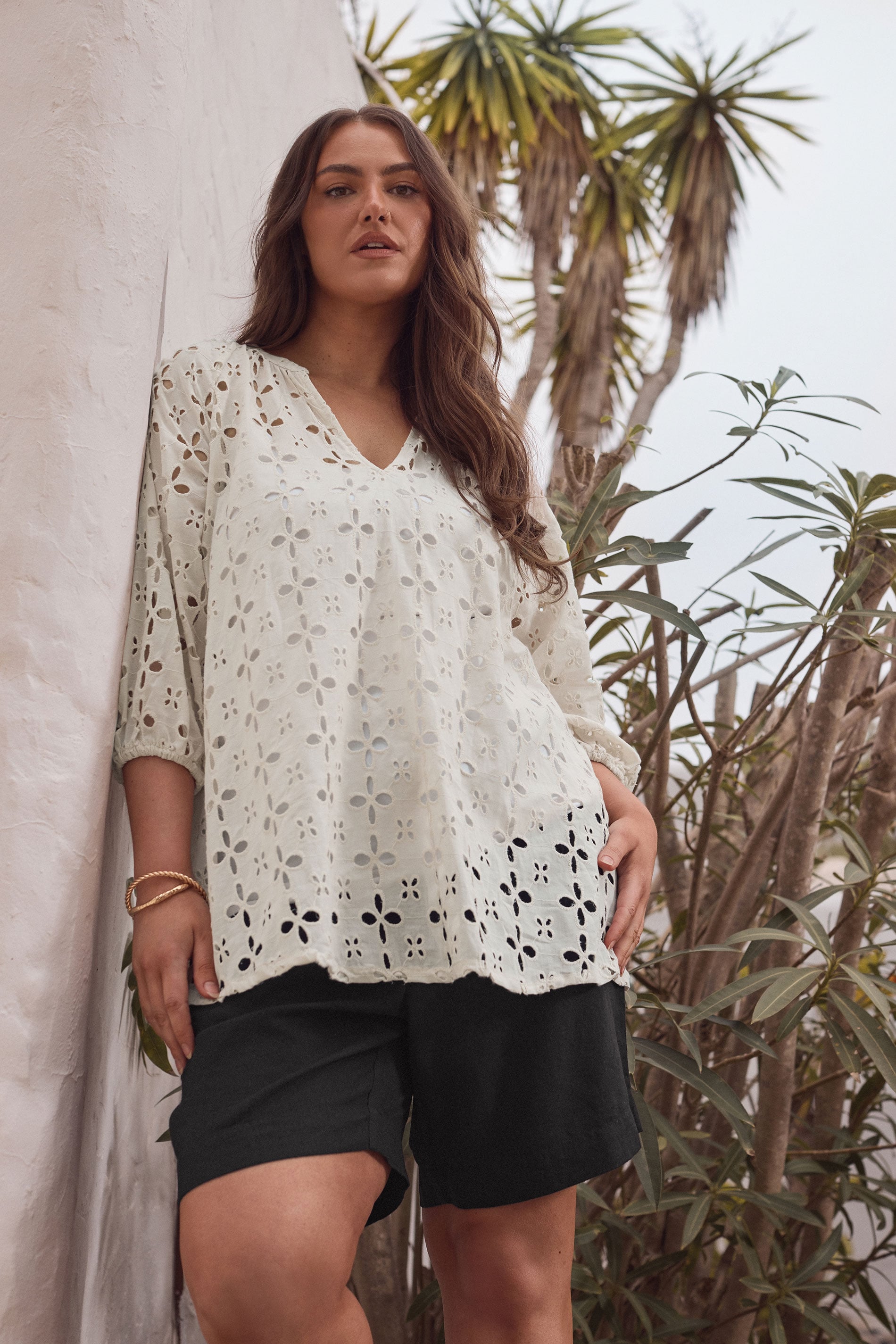 EVANS Plus Size Cream Long Sleeve Broderie Blouse | Evans 3