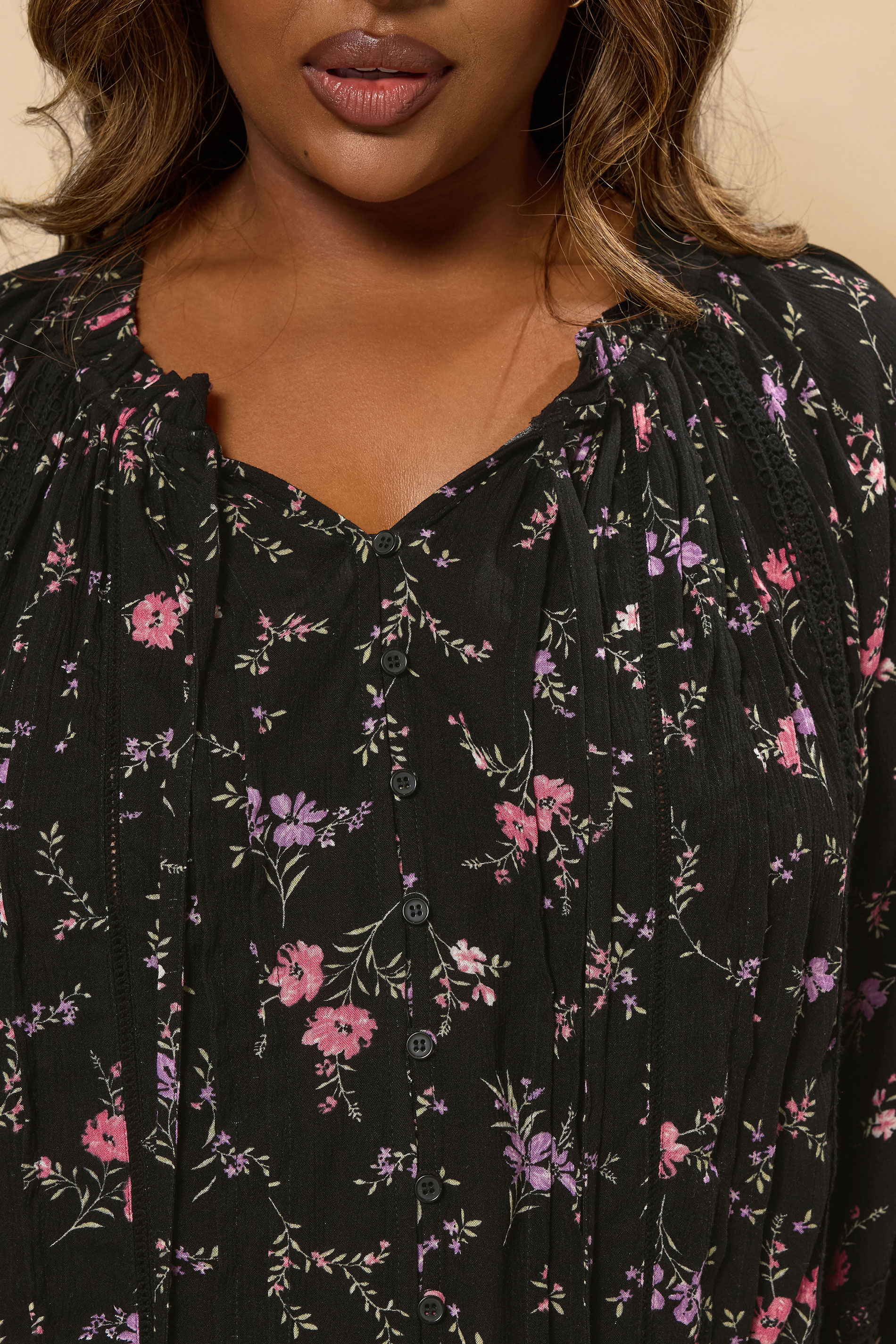 YOURS Plus Size Black Ditsy Floral Tie Neck Top | Yours Clothing 4