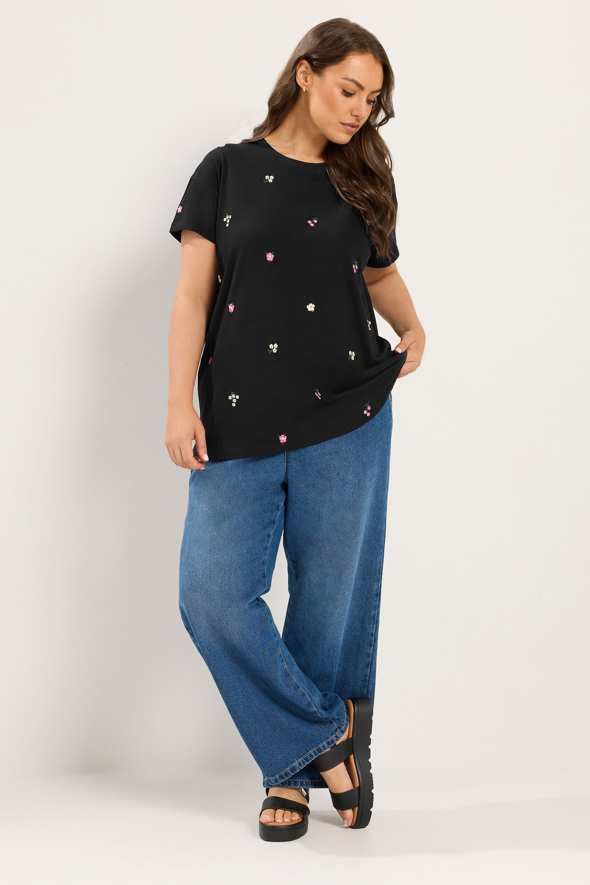 YOURS Plus Size Black Embroidery Blossom T-Shirt | Yours Clothing 1