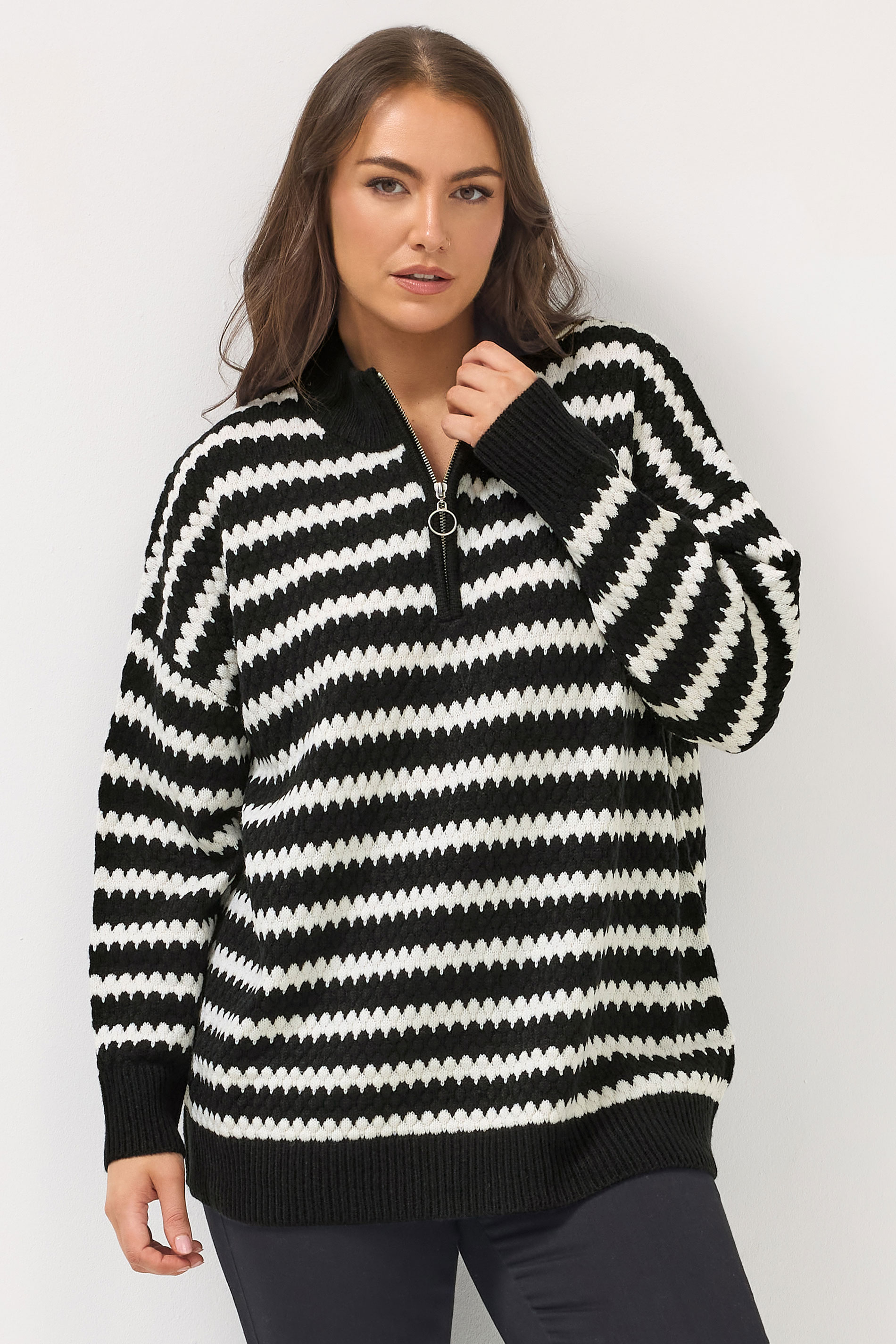 YOURS Plus Size Black Scallop Stripe Quarter Zip Jumper | Yours Clothing 1