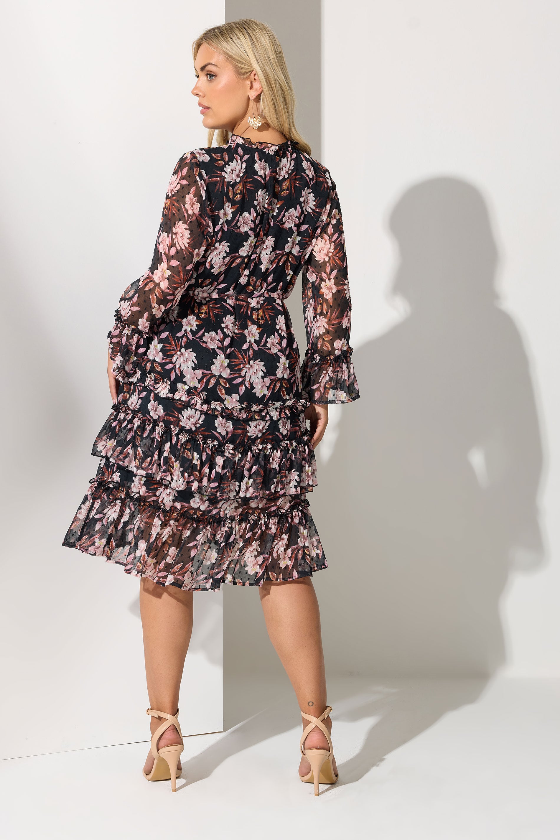 YOURS LONDON Plus Size Black Floral Dobby Ruffle Mini Dress | Yours Clothing 2