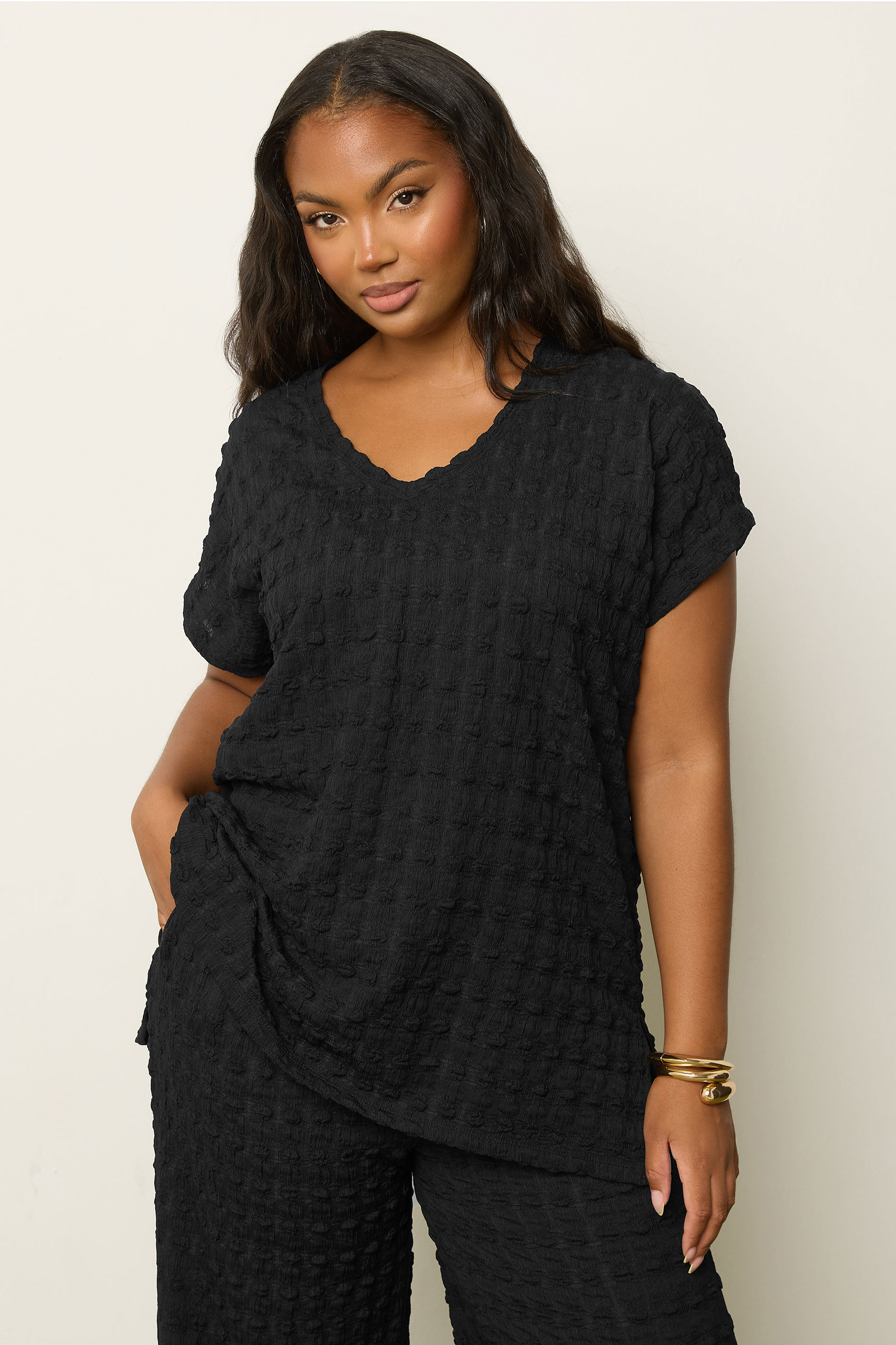 YOURS Plus Size Black Bubble Textured T-Shirt | Yours Clothing 3
