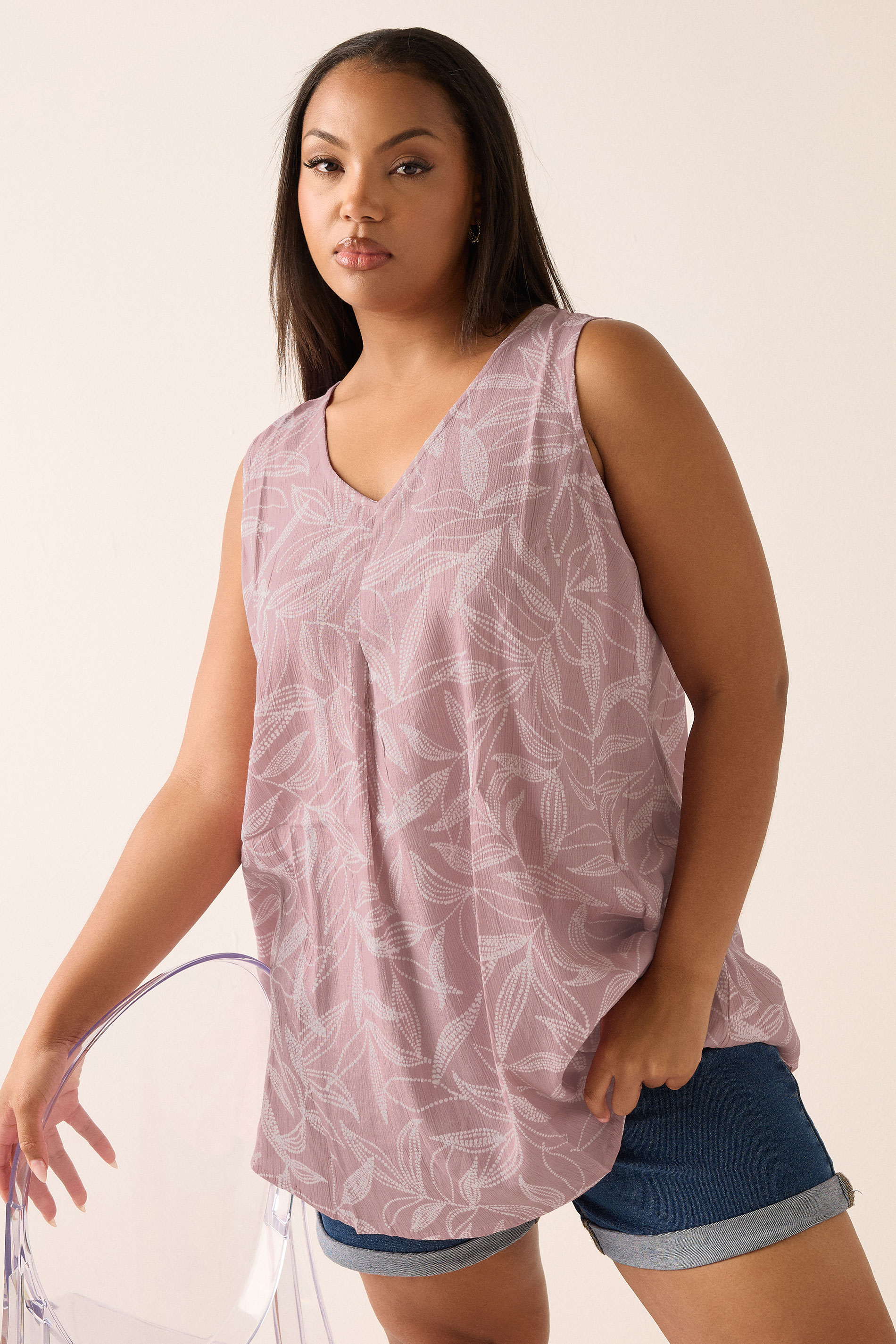 YOURS Plus Size Pink Palm Leaf Pleat Front Vest Top | Yours Clothing 3