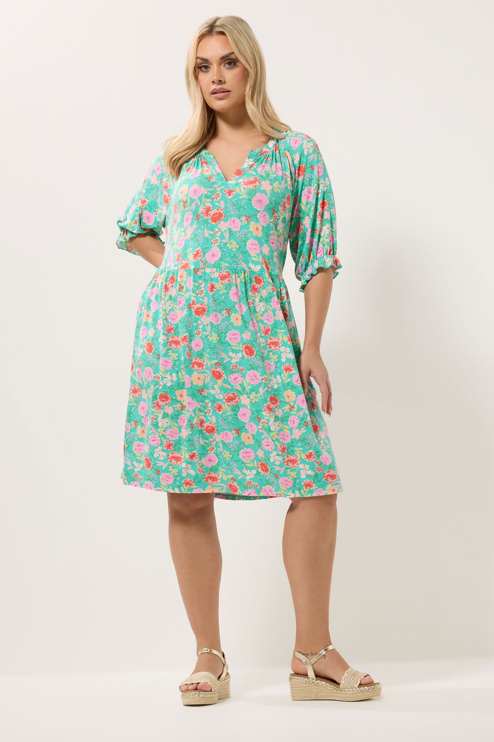 YOURS Plus Size Green Floral Notch Neck Dress | Yours Clothing 1