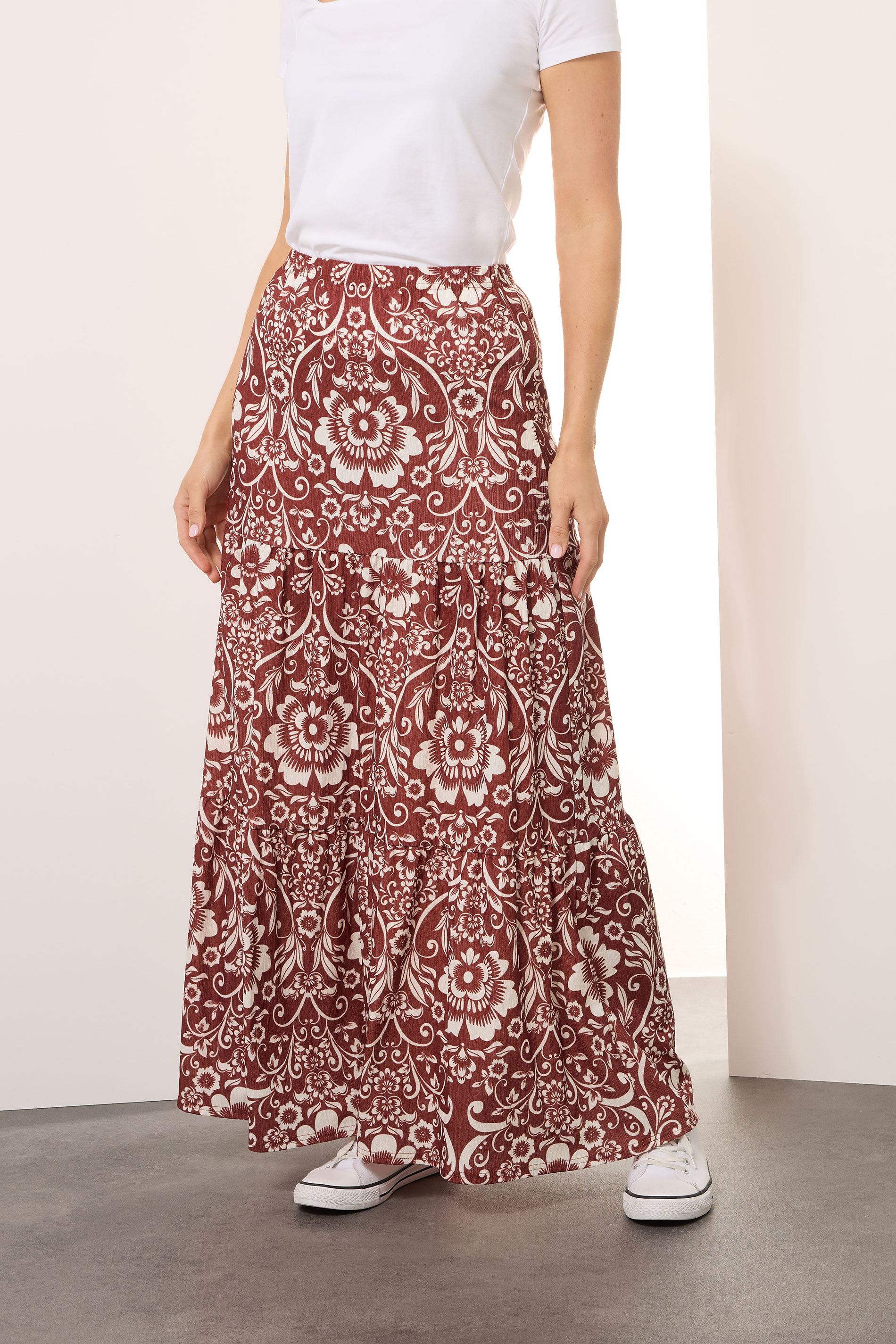 LTS Tall Red Floral Print Tiered Maxi Skirt | Long Tall Sally 1
