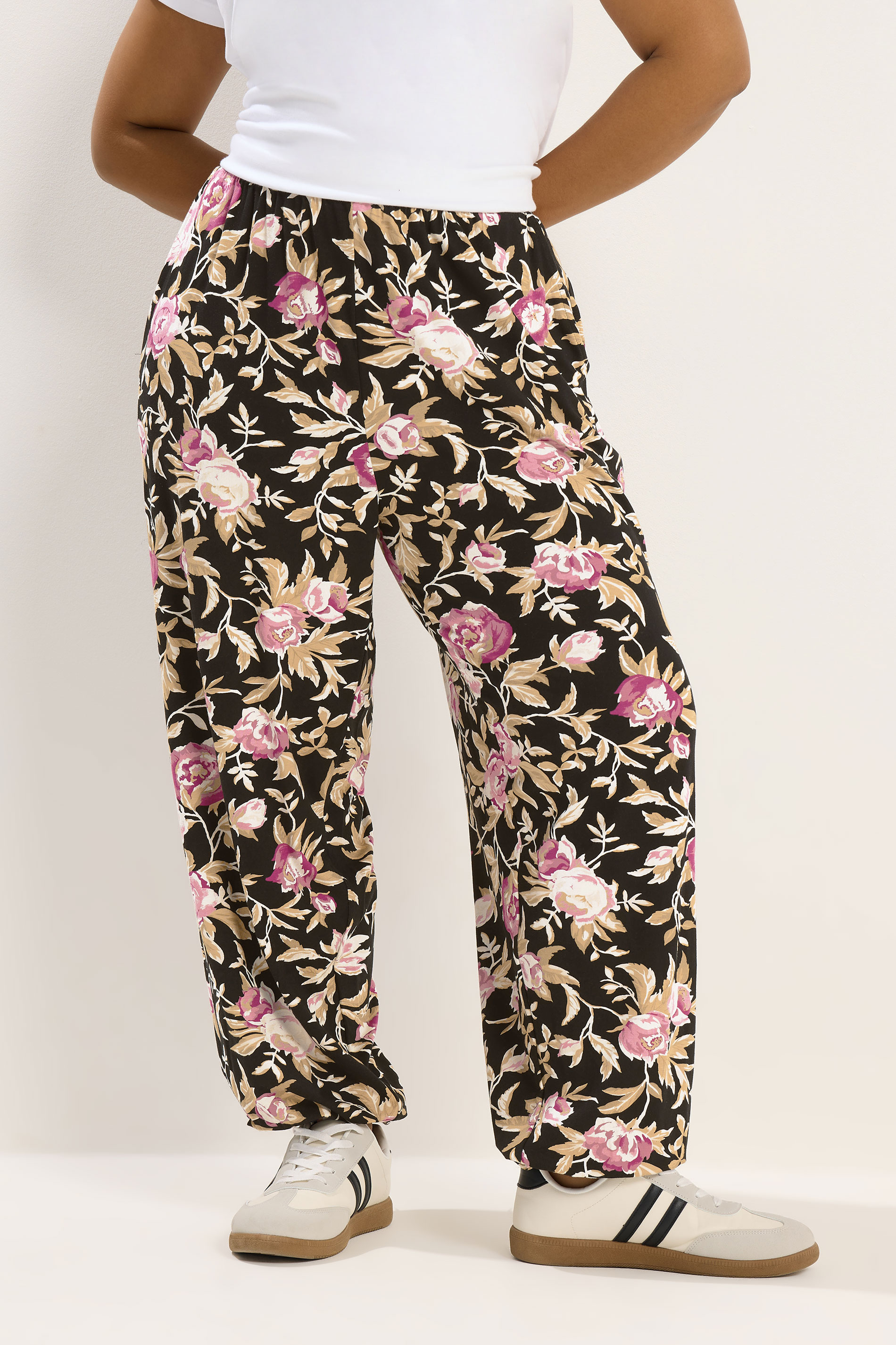 YOURS Plus Size Black Floral Print Cuffed Harem Trousers | Yours Clothing 3