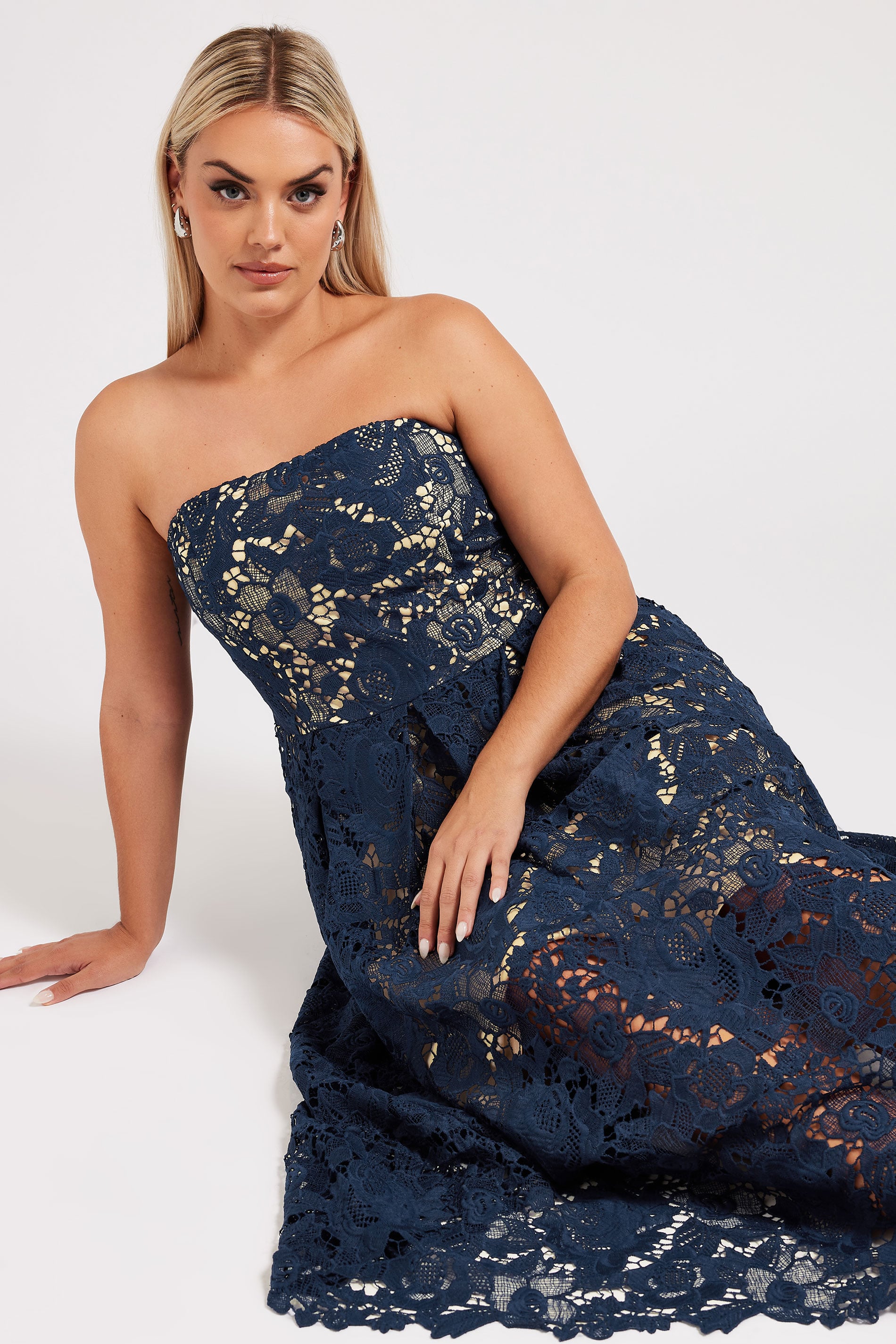 YOURS LONDON Plus Size Navy Blue Sleeveless Lace Skater Dress | Yours Clothing 1