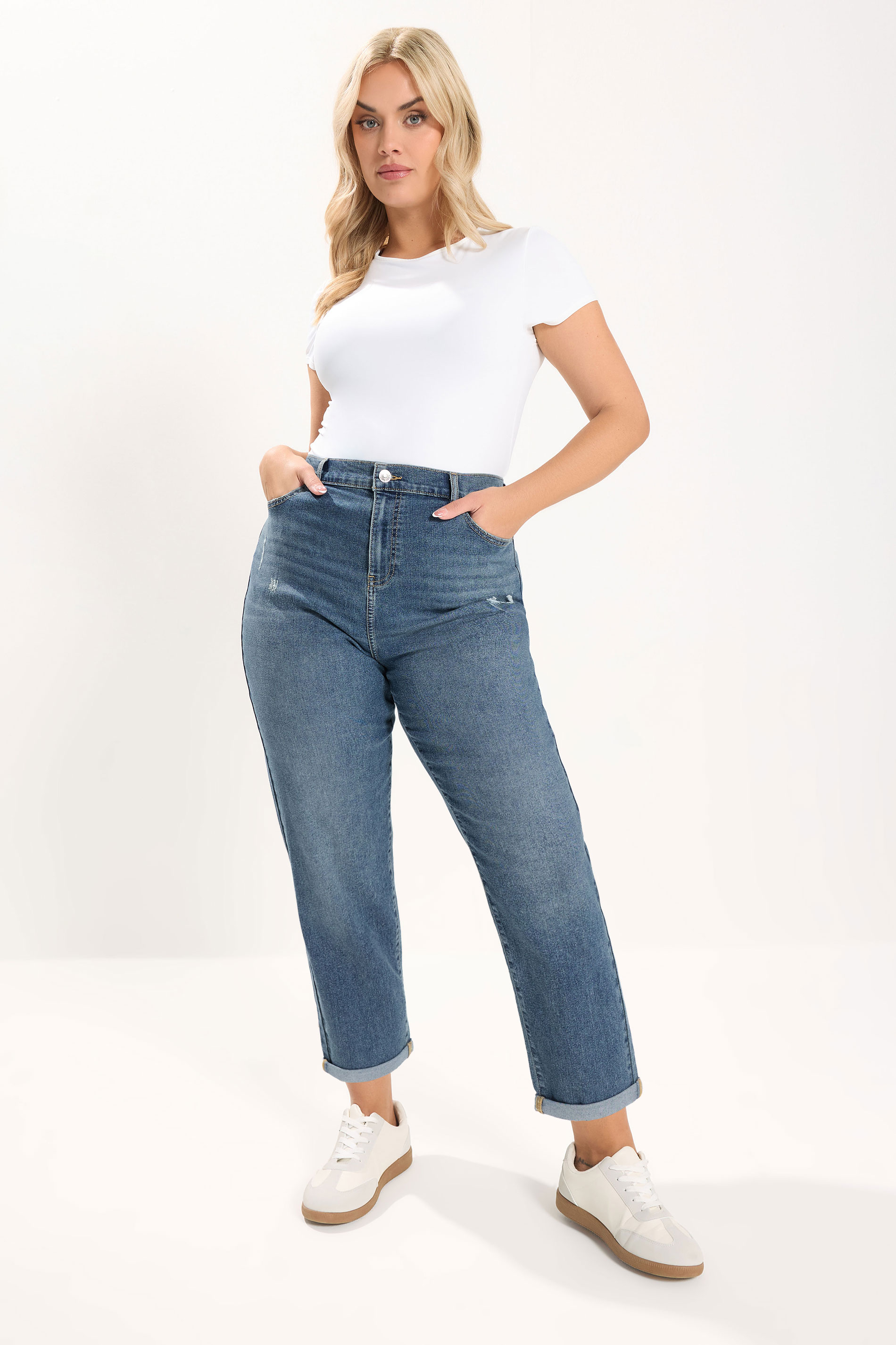 YOURS Plus Size Mid Blue Distressed Boyfriend Jeans | Yours Clothing 1