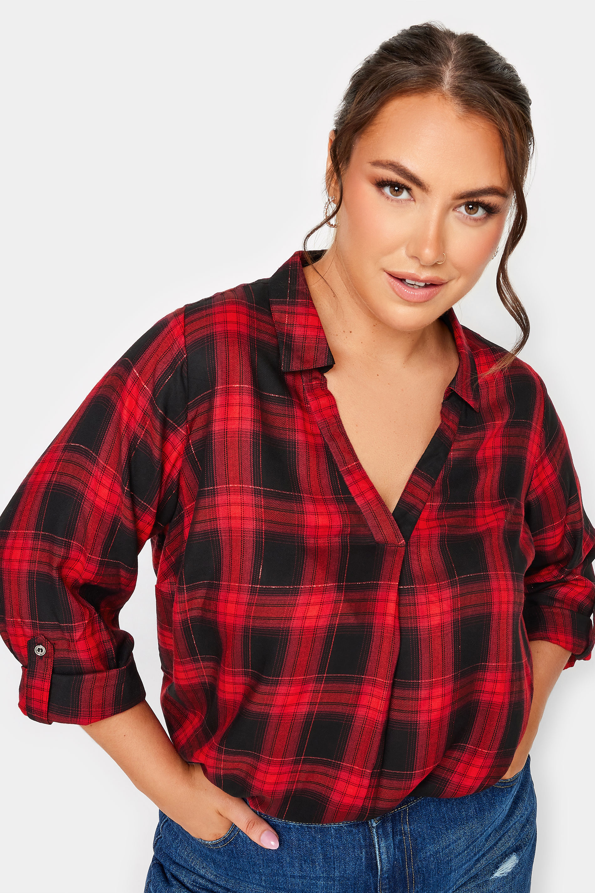 YOURS Curve Plus Size Red Check Print Shirt | Yours Clothing  1
