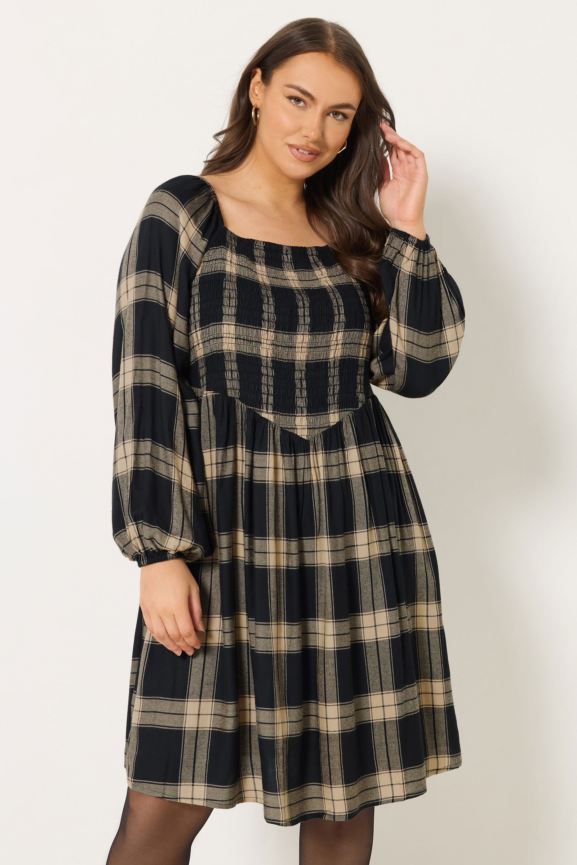 YOURS Plus Size Black & Brown Check Shirred Mini Dress | Yours Clothing 3