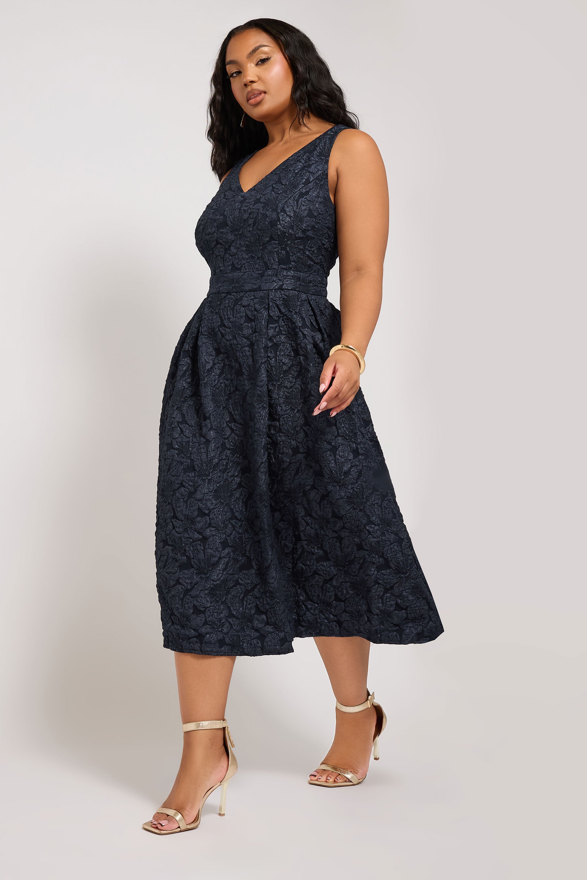 YOURS LONDON Plus Size Navy Blue Floral Jacquard Skater Dress | Yours Clothing 3