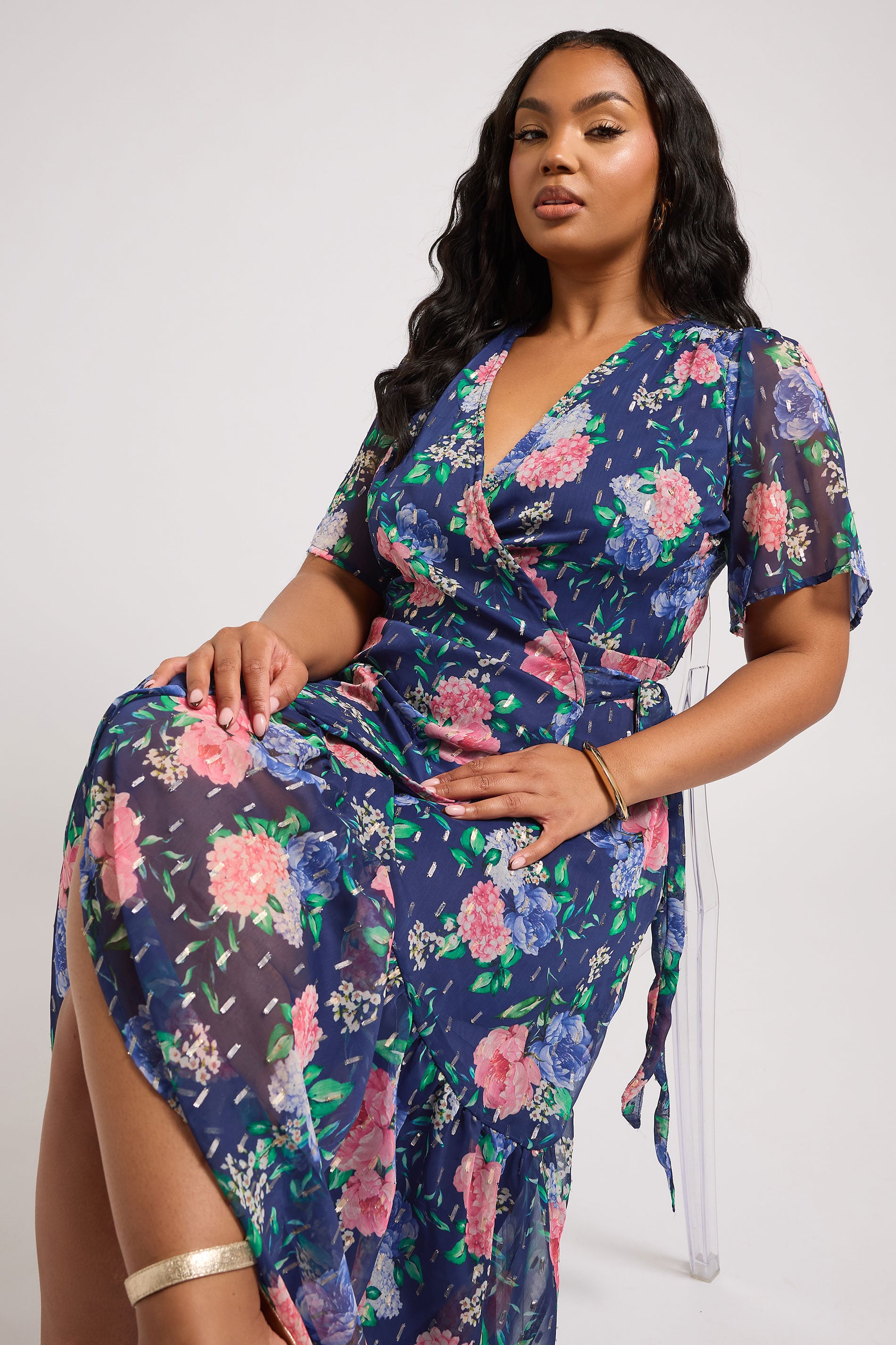 YOURS LONDON Plus Size Navy Blue Floral Metallic Wrap Dress | Yours Clothing 5