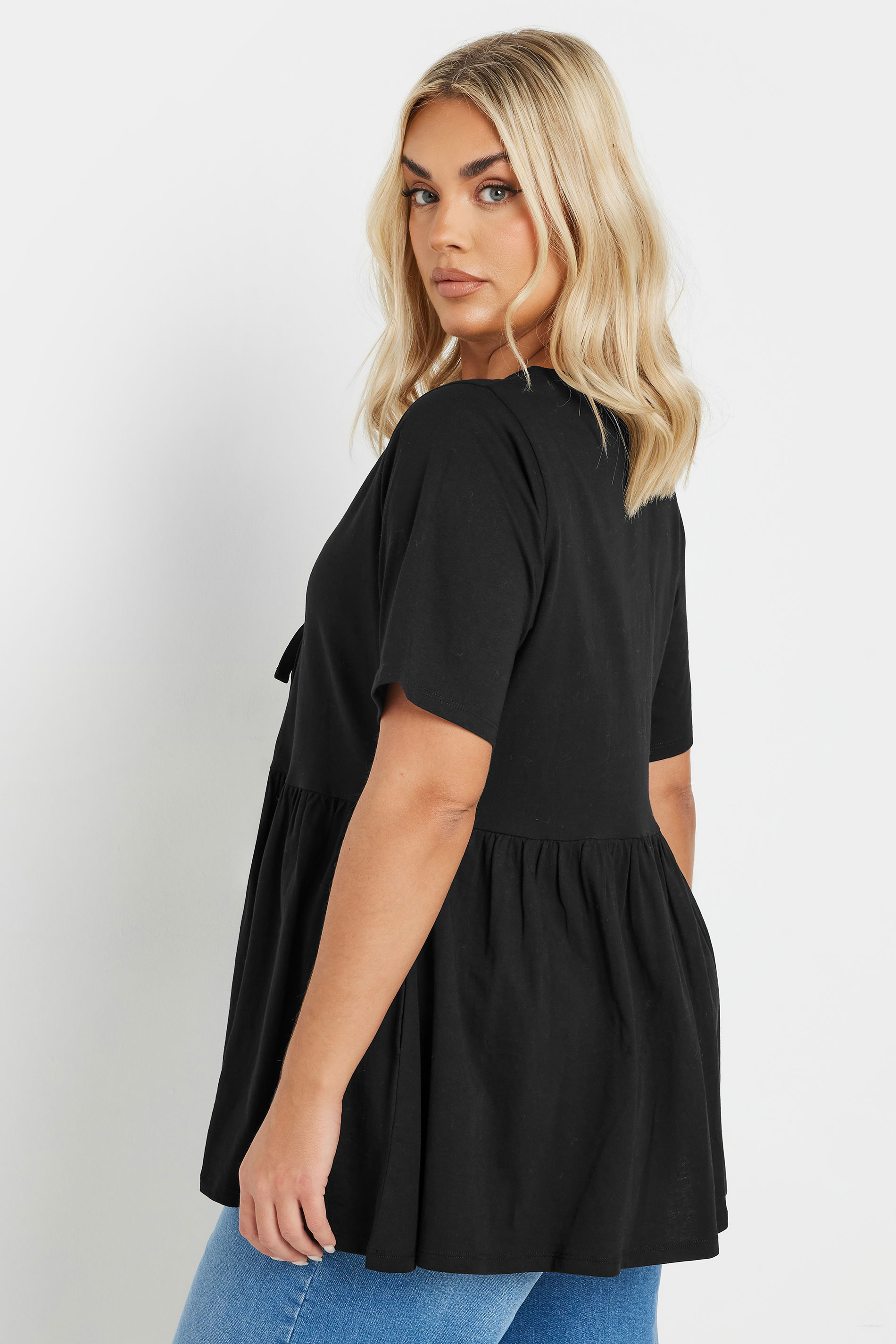 YOURS Plus Size Black Bow Tie Front Peplum Top | Yours Clothing 4