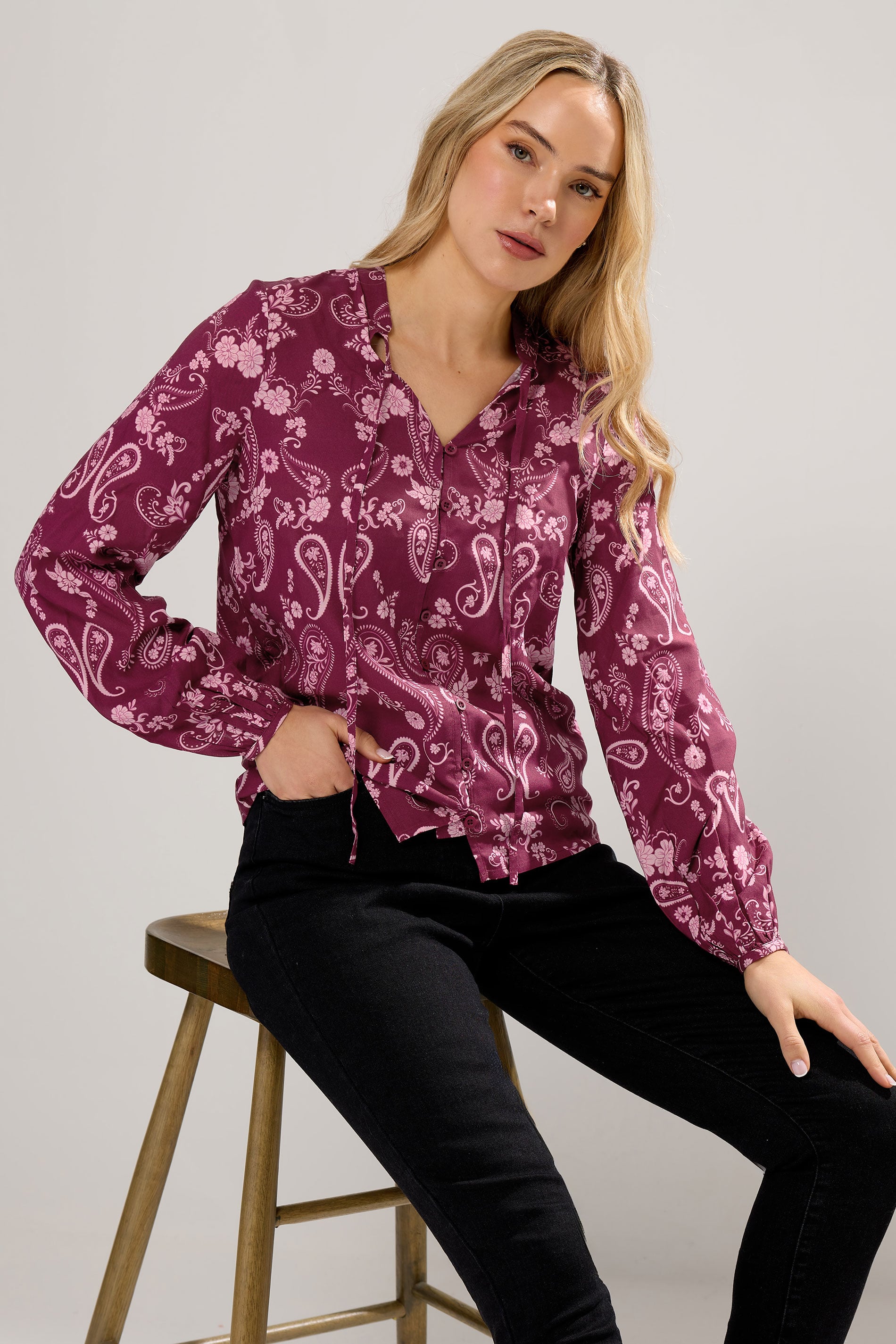 LTS Tall Dark Pink Paisley Button Tie Blouse | Long Tall Sally 3