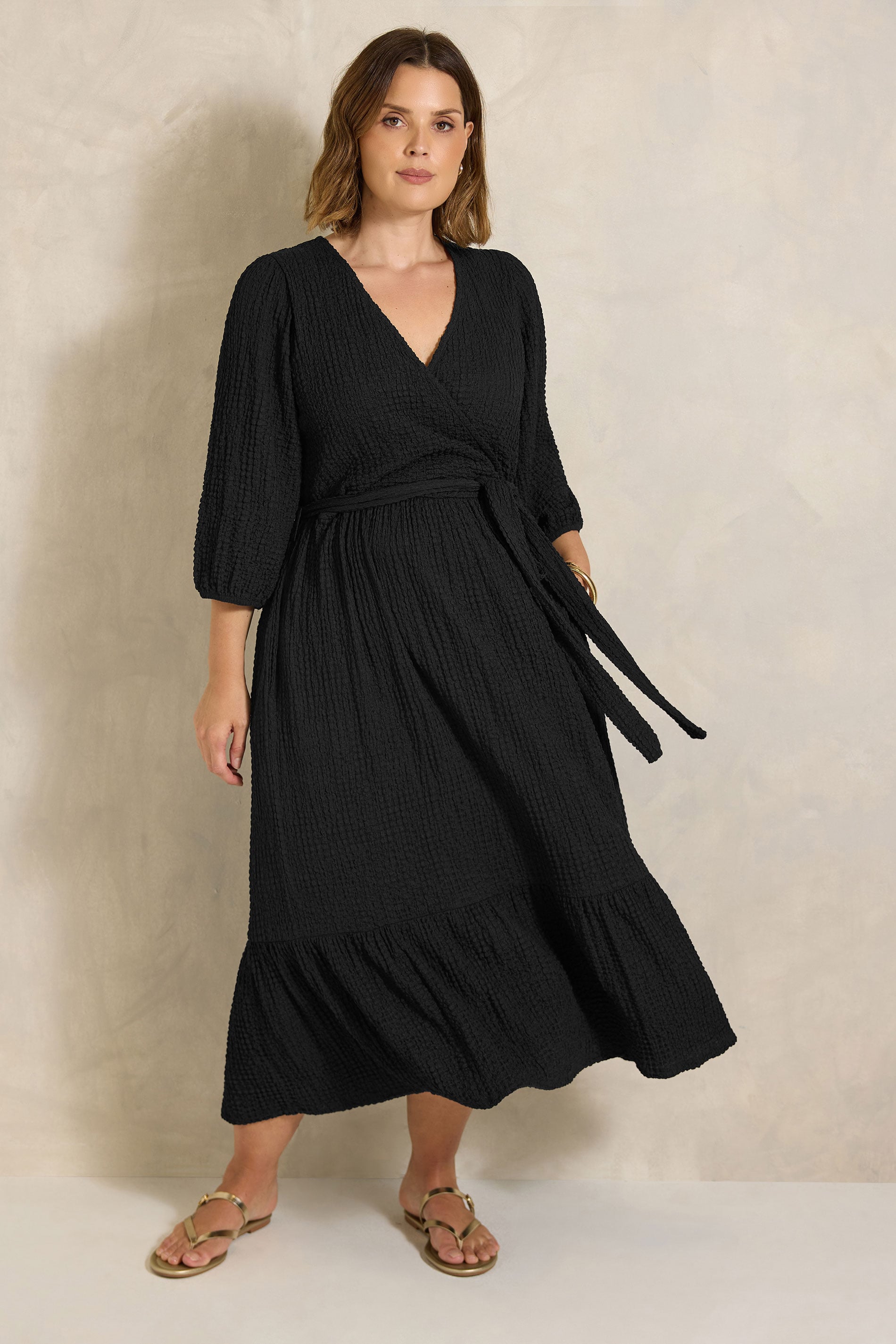 Evans Women's Black Plus Crinkle Wrap Midi Dress Size 22-24