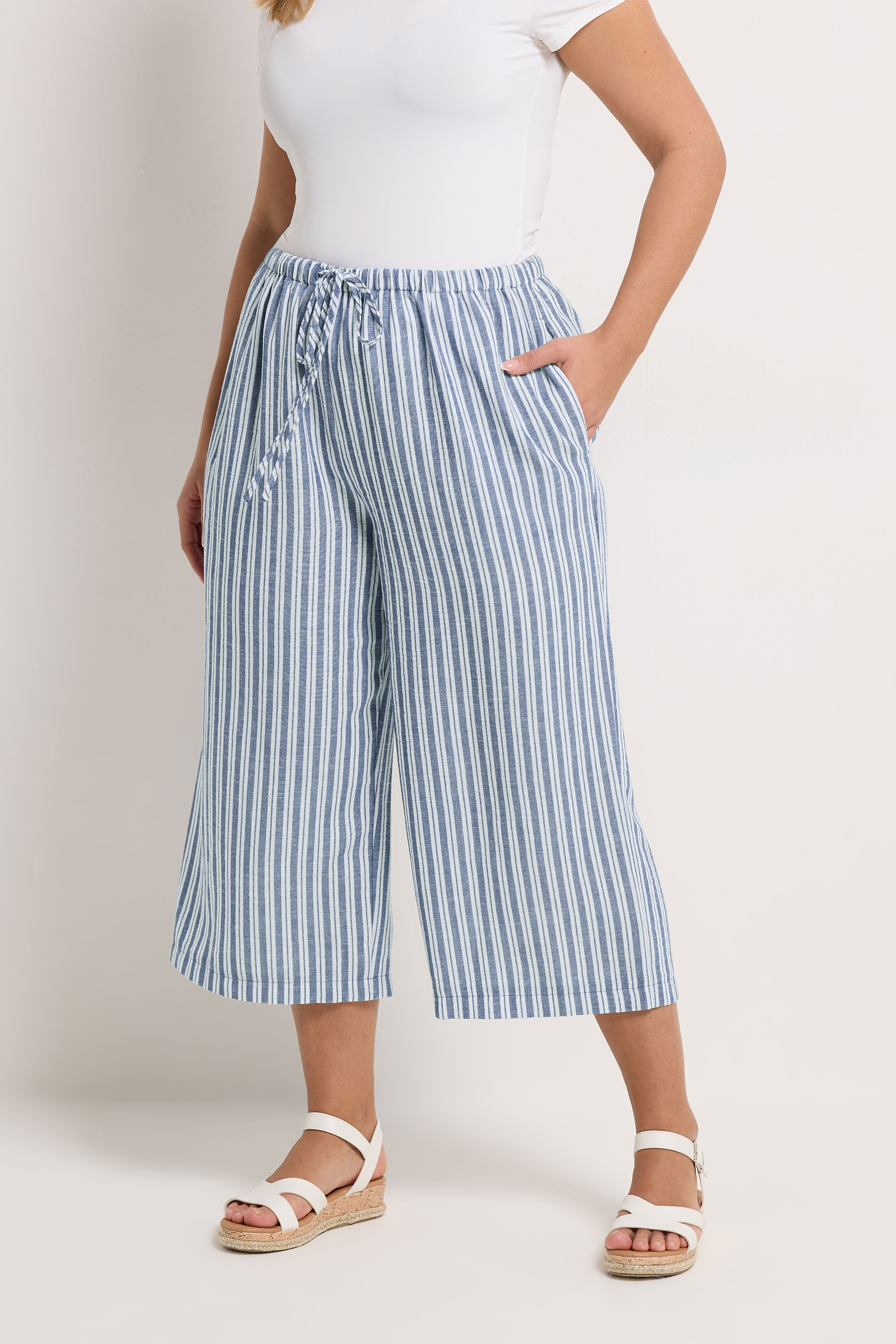 YOURS Plus Size Blue Stripe Linen Look Cropped Trousers | Yours Clothing 1