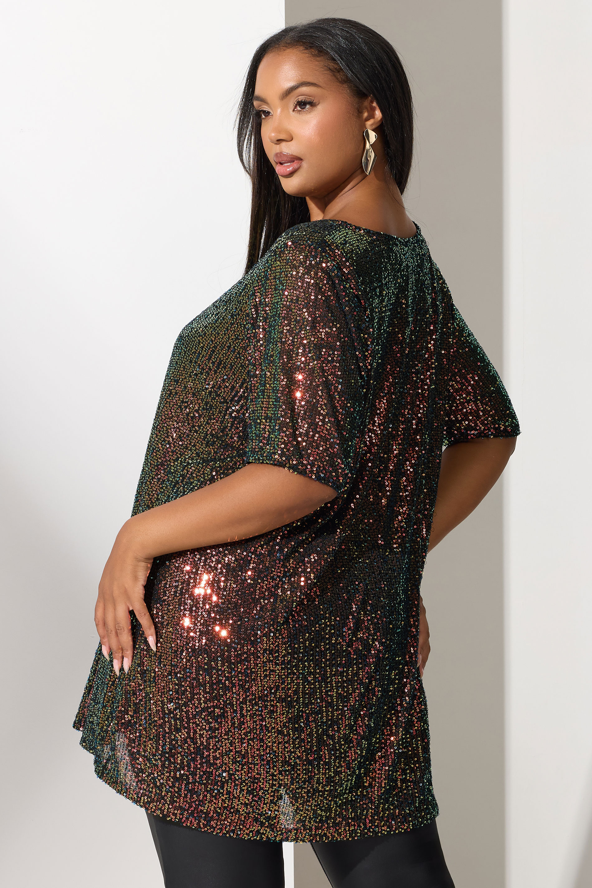 YOURS LONDON Plus Size Black Multicoloured Sequin T-Shirt | Yours Clothing 2