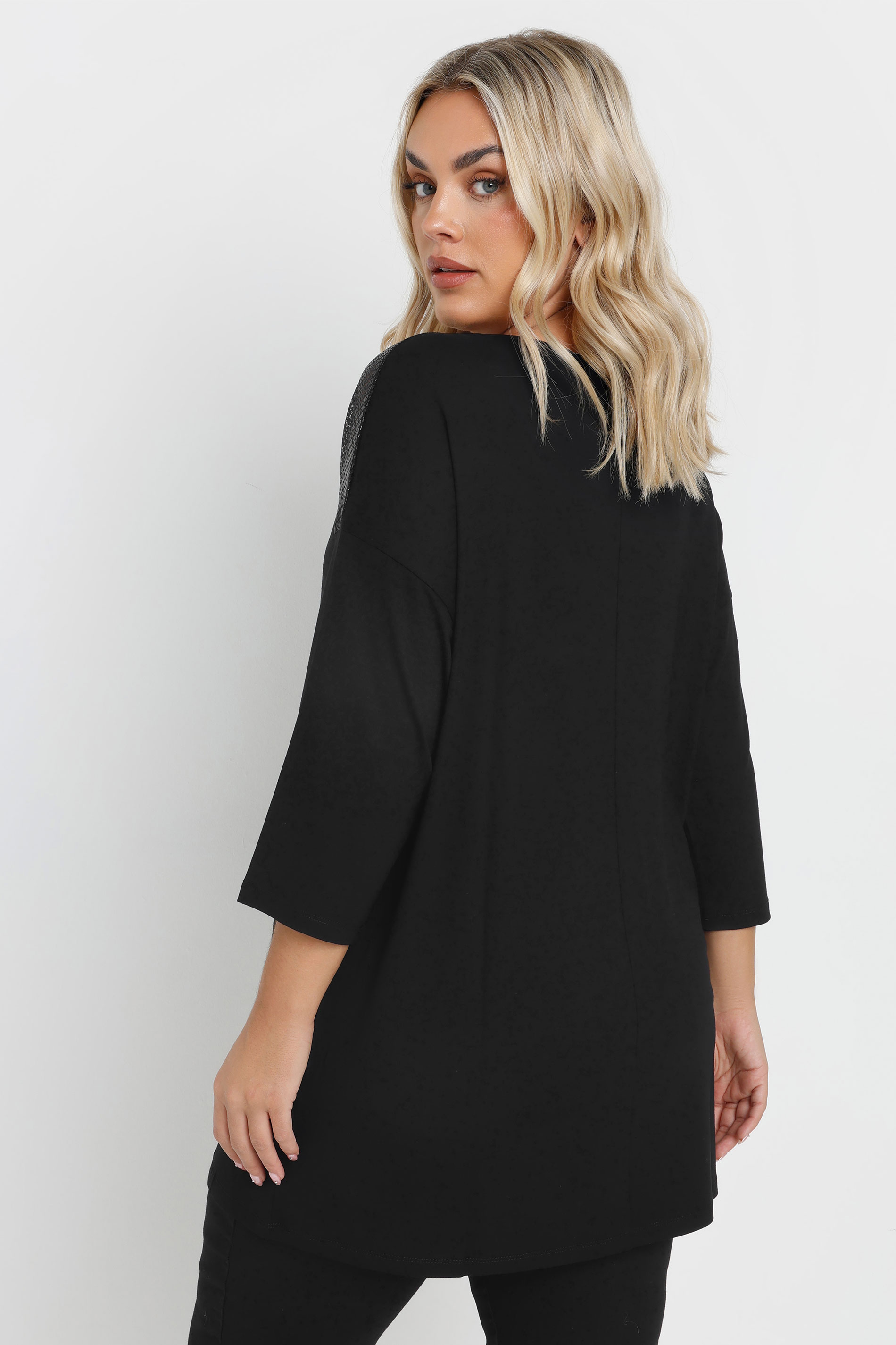 YOURS Plus Size Black Mesh Panel Sequin Top | Yours Clothing 1