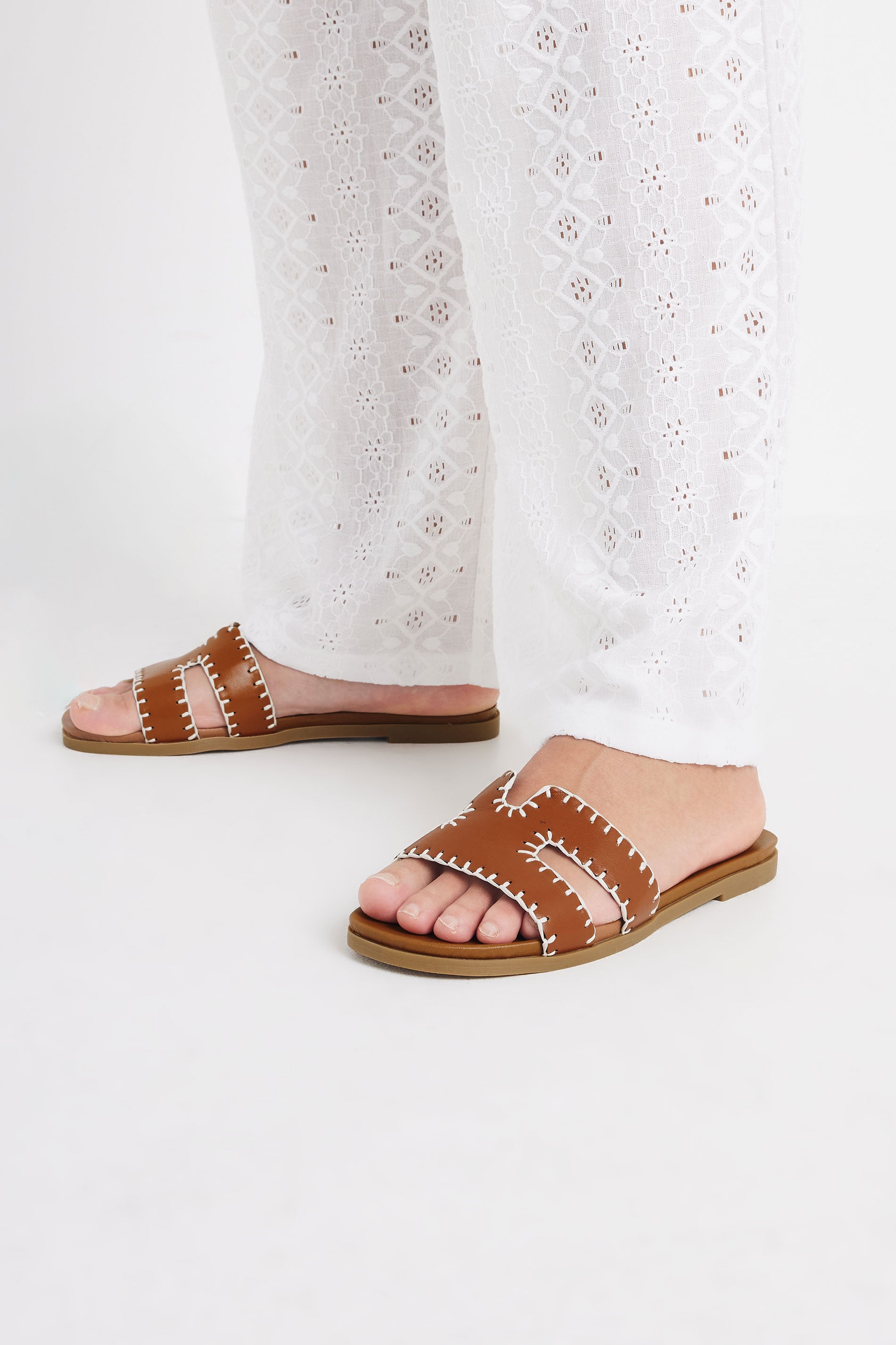 Brown Faux Leather Stitched Mule Sandals In Extra Wide EEE Fit | Yours Clothing 1